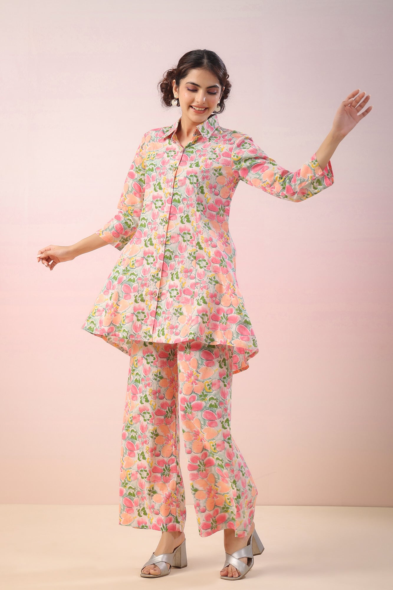 Pink Flowers On Grey Cotton Palazzo Loungewear Set