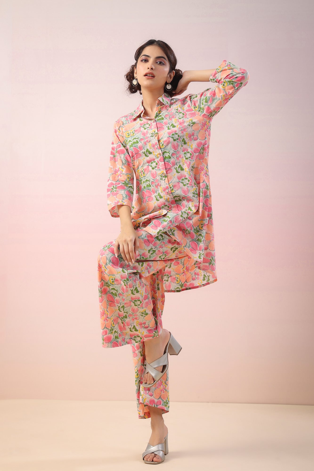 Pink Flowers On Grey Cotton Palazzo Loungewear Set