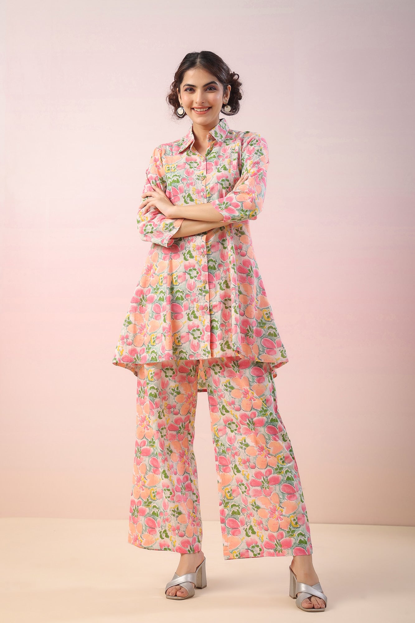 Pink Flowers On Grey Cotton Palazzo Loungewear Set