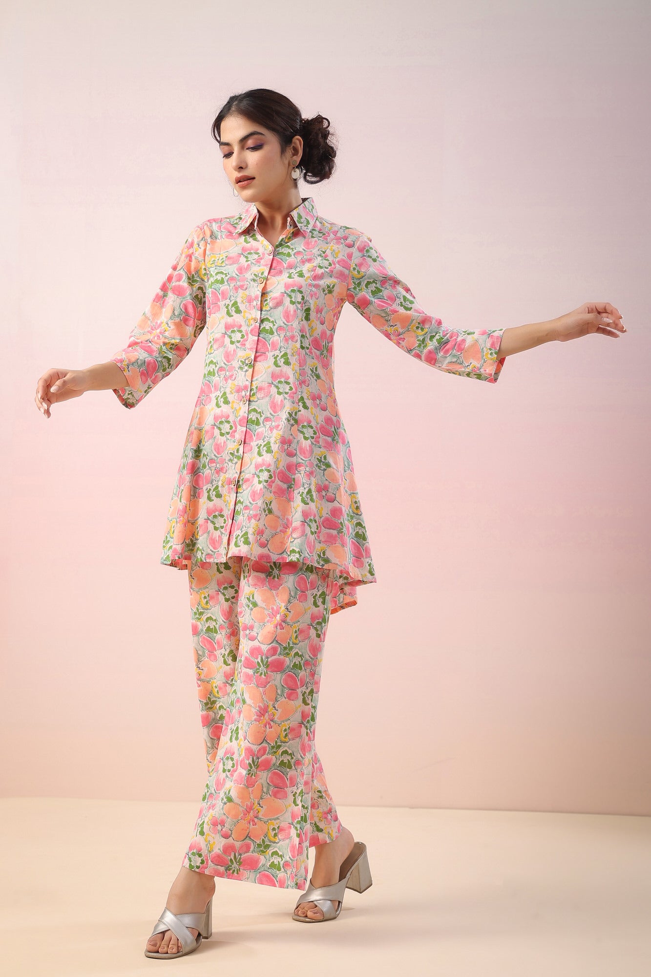 Pink Flowers On Grey Cotton Palazzo Loungewear Set