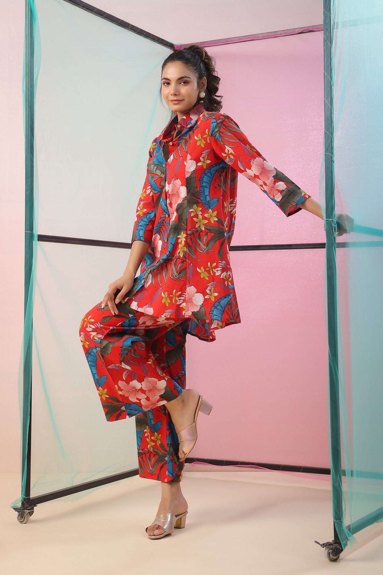 Red Florals Palazzo Cotton Loungewear Set