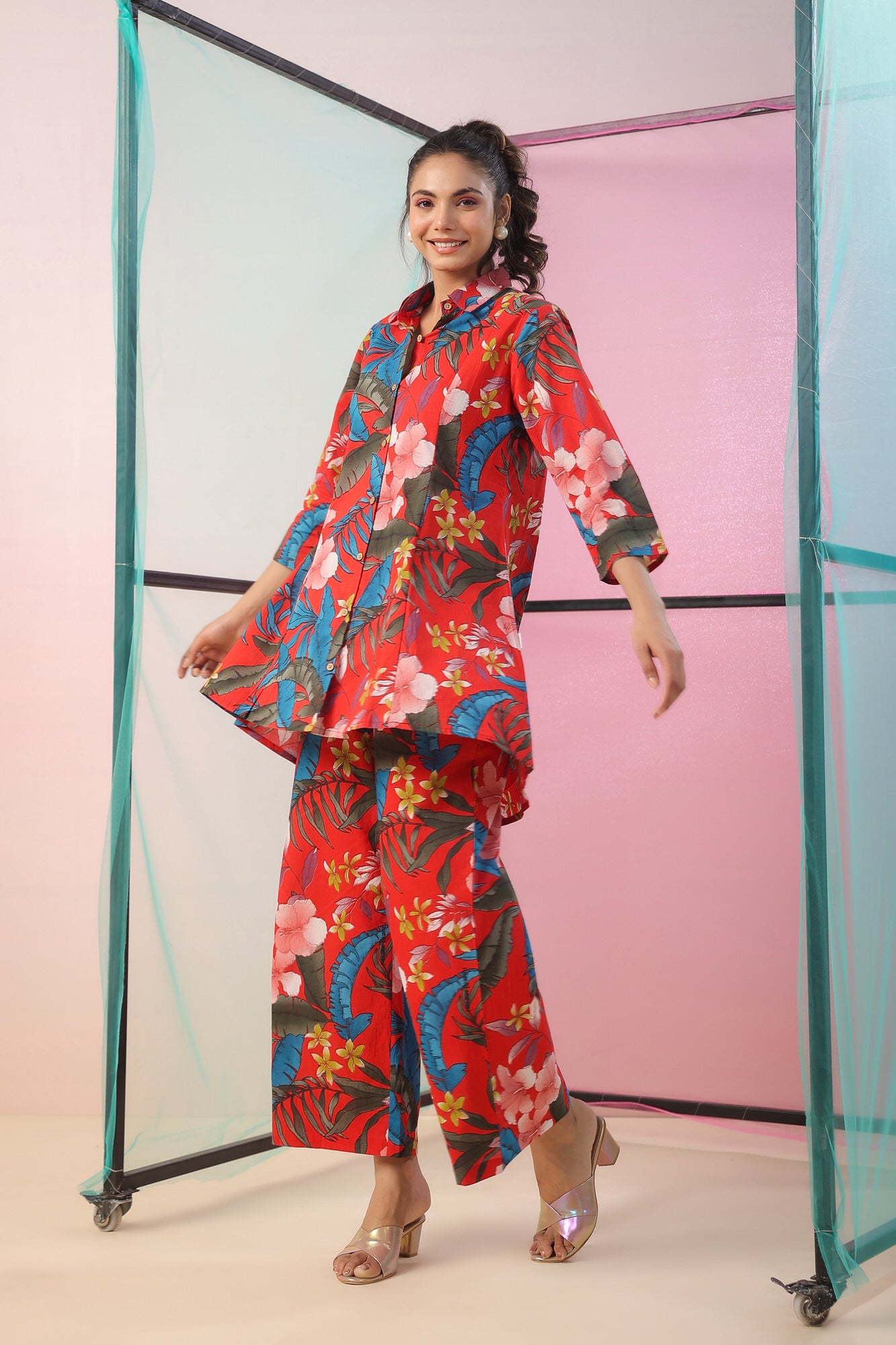 Red Florals Palazzo Cotton Loungewear Set