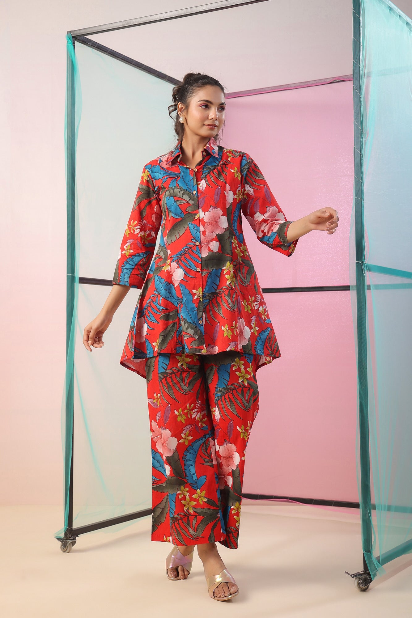 Red Florals Palazzo Cotton Loungewear Set