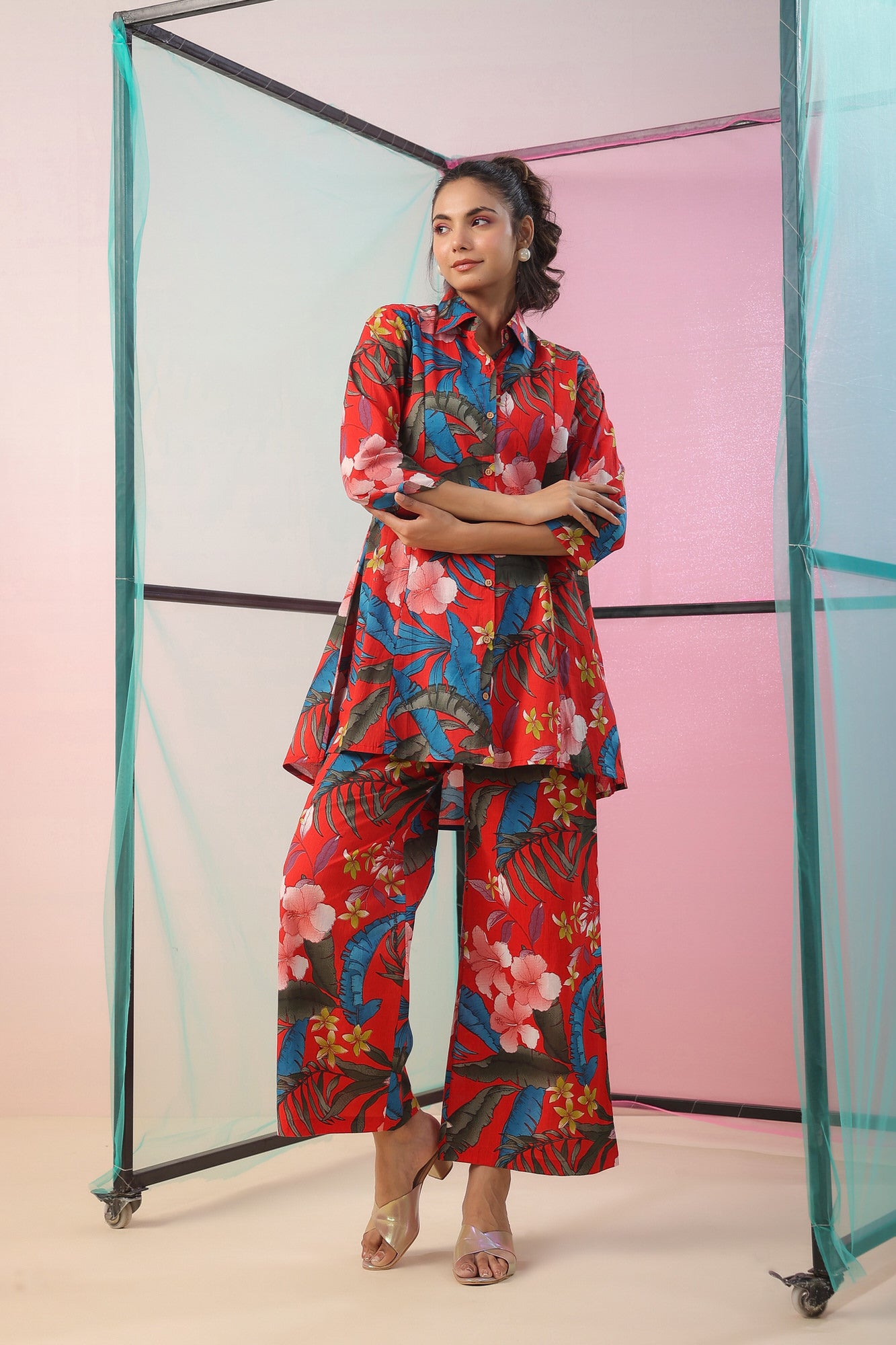 Red Florals Palazzo Cotton Loungewear Set