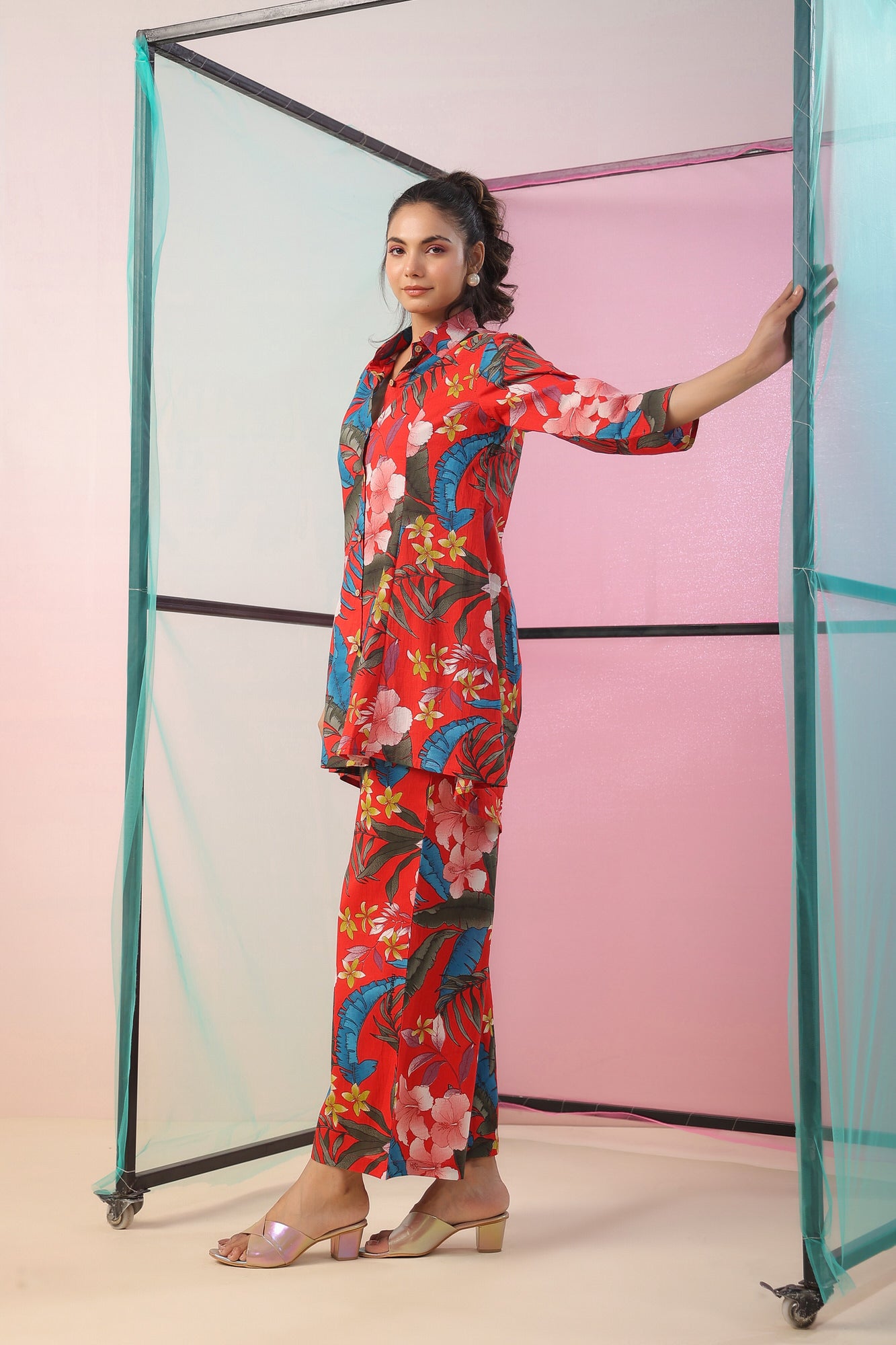 Red Florals Palazzo Cotton Loungewear Set