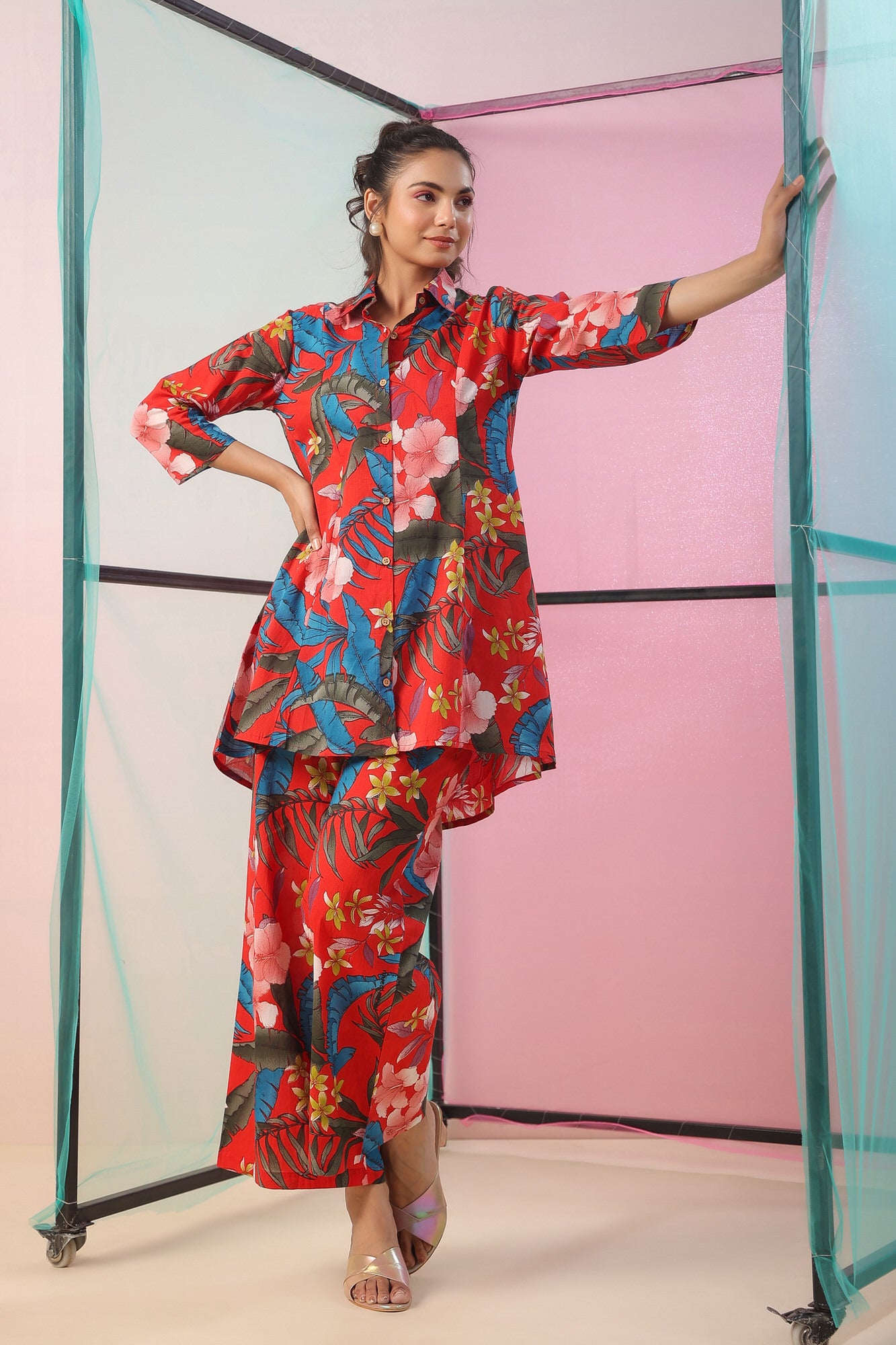 Red Florals Palazzo Cotton Loungewear Set