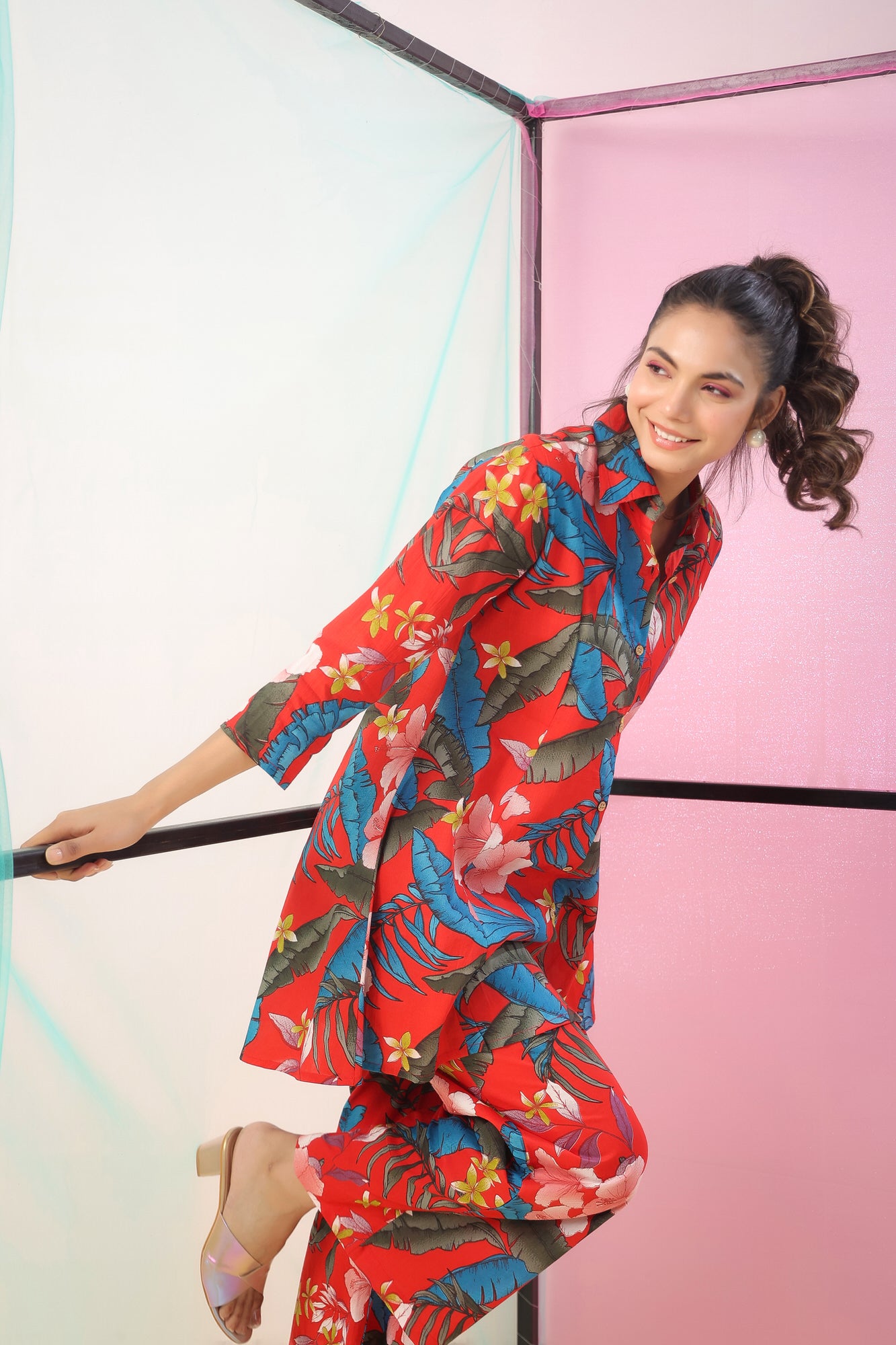 Red Florals Palazzo Cotton Loungewear Set