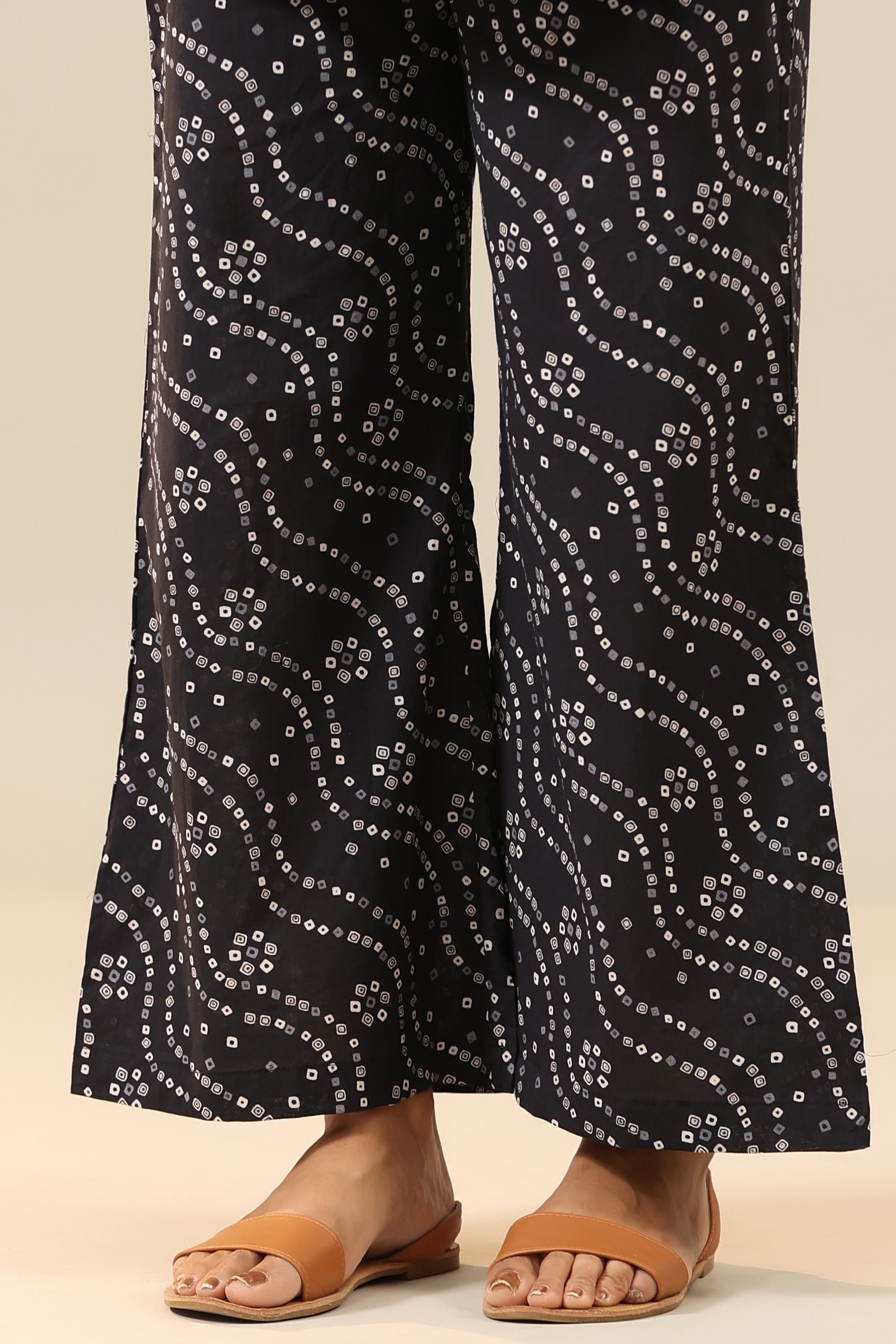Patterned Bandhej on Black Cotton Palazzo Loungewear Set
