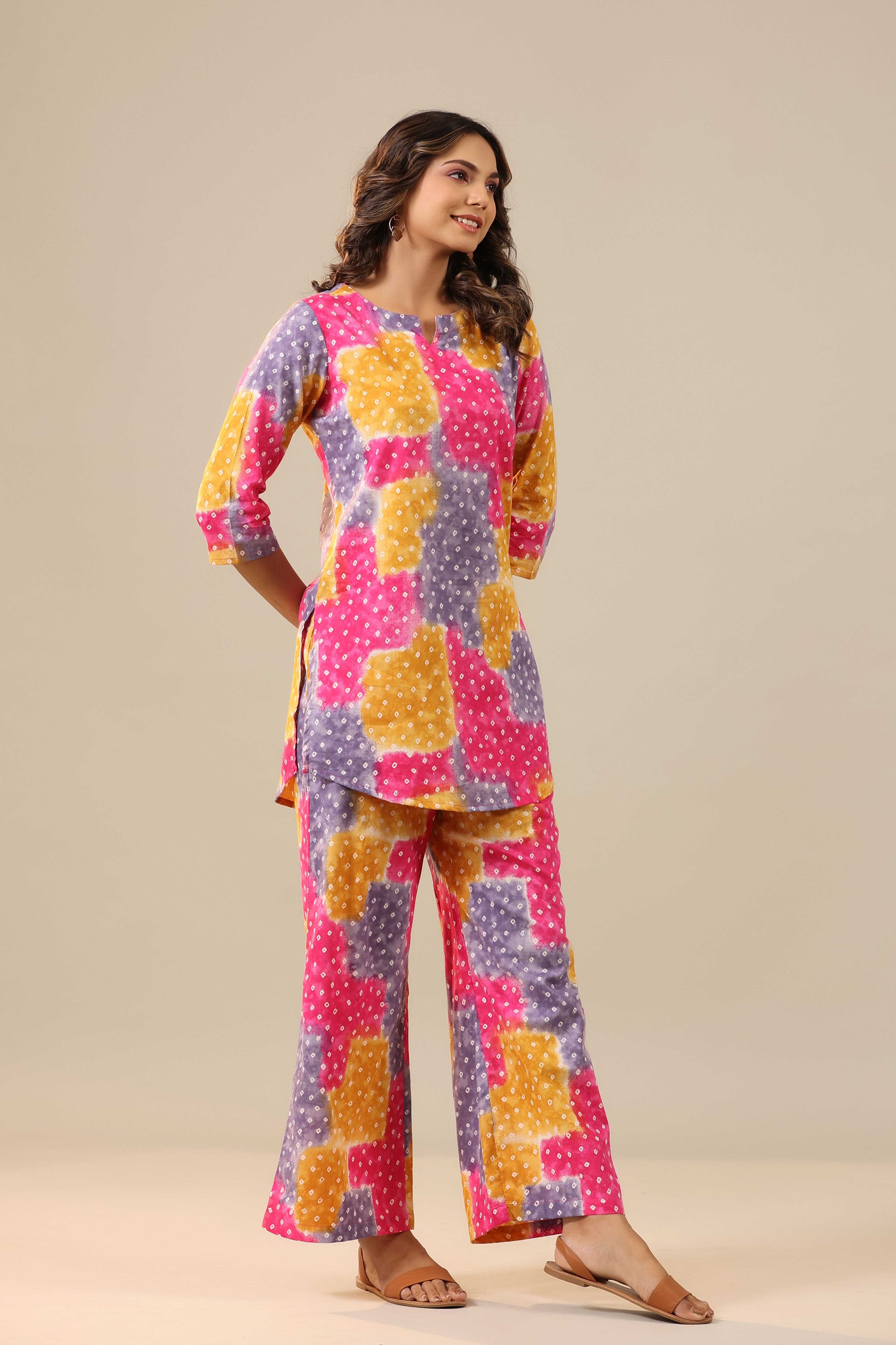 Multicoloured Bandhej on Cotton Palazzo Loungewear Set