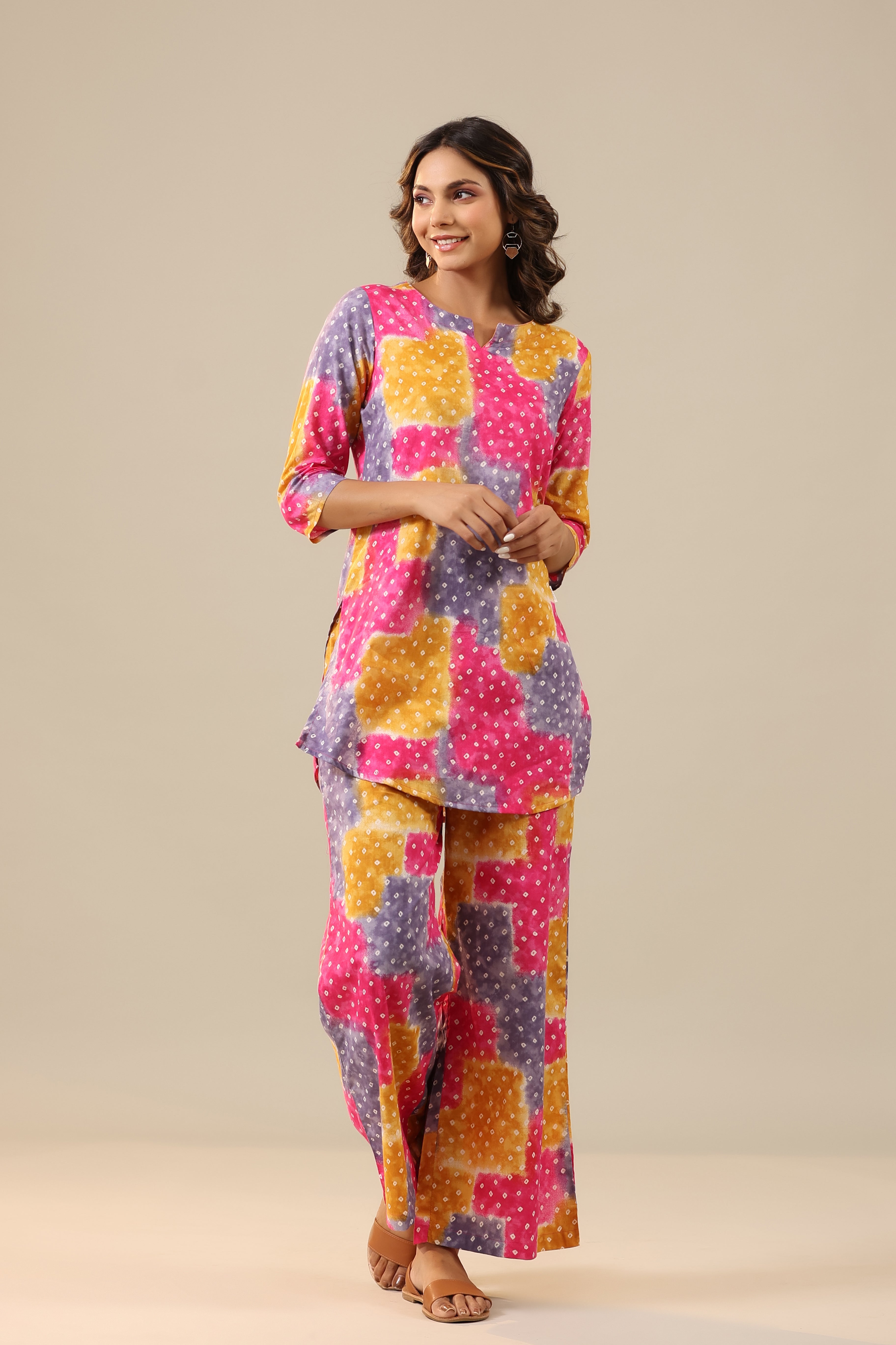 Multicoloured Bandhej on Cotton Palazzo Loungewear Set