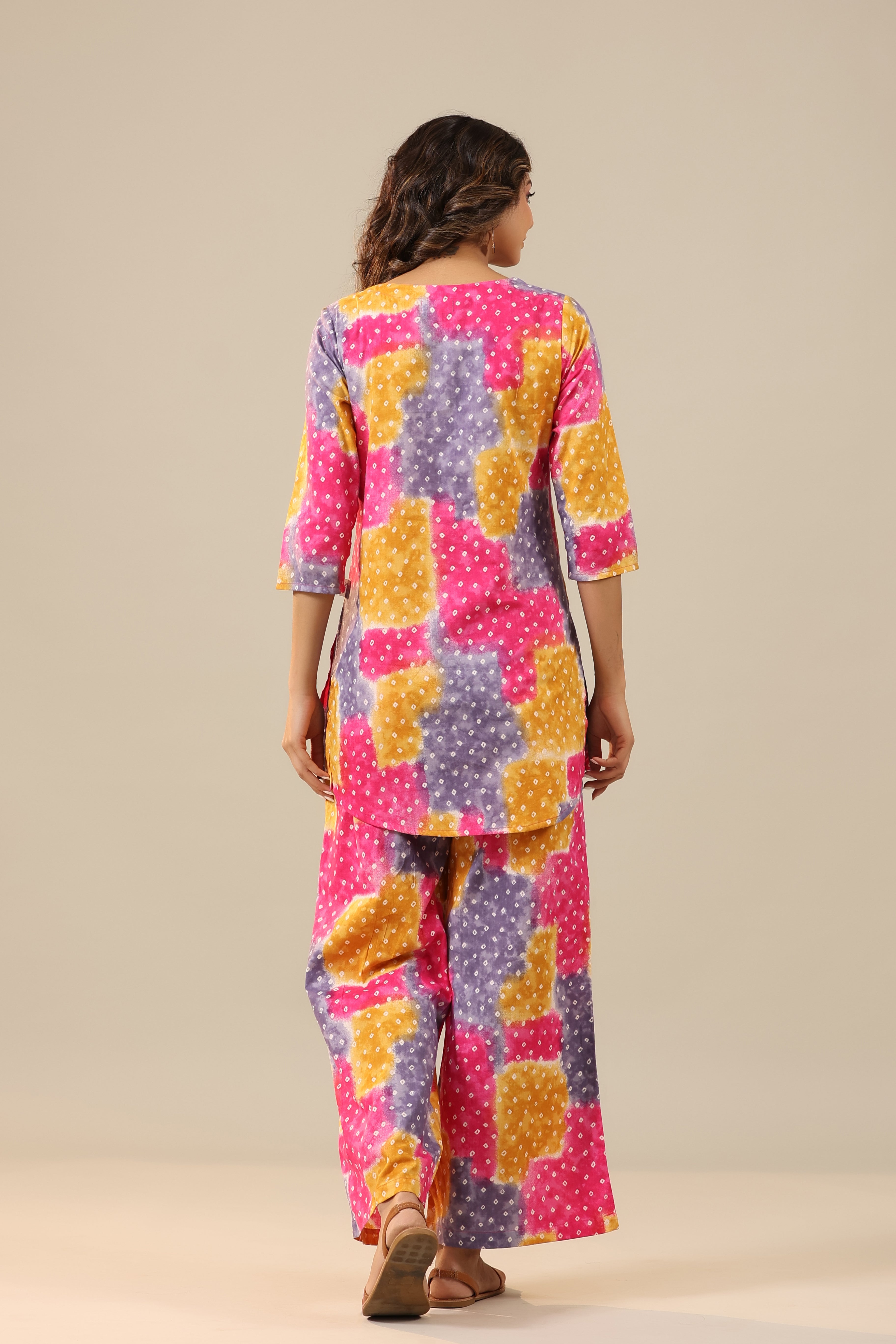 Multicoloured Bandhej on Cotton Palazzo Loungewear Set