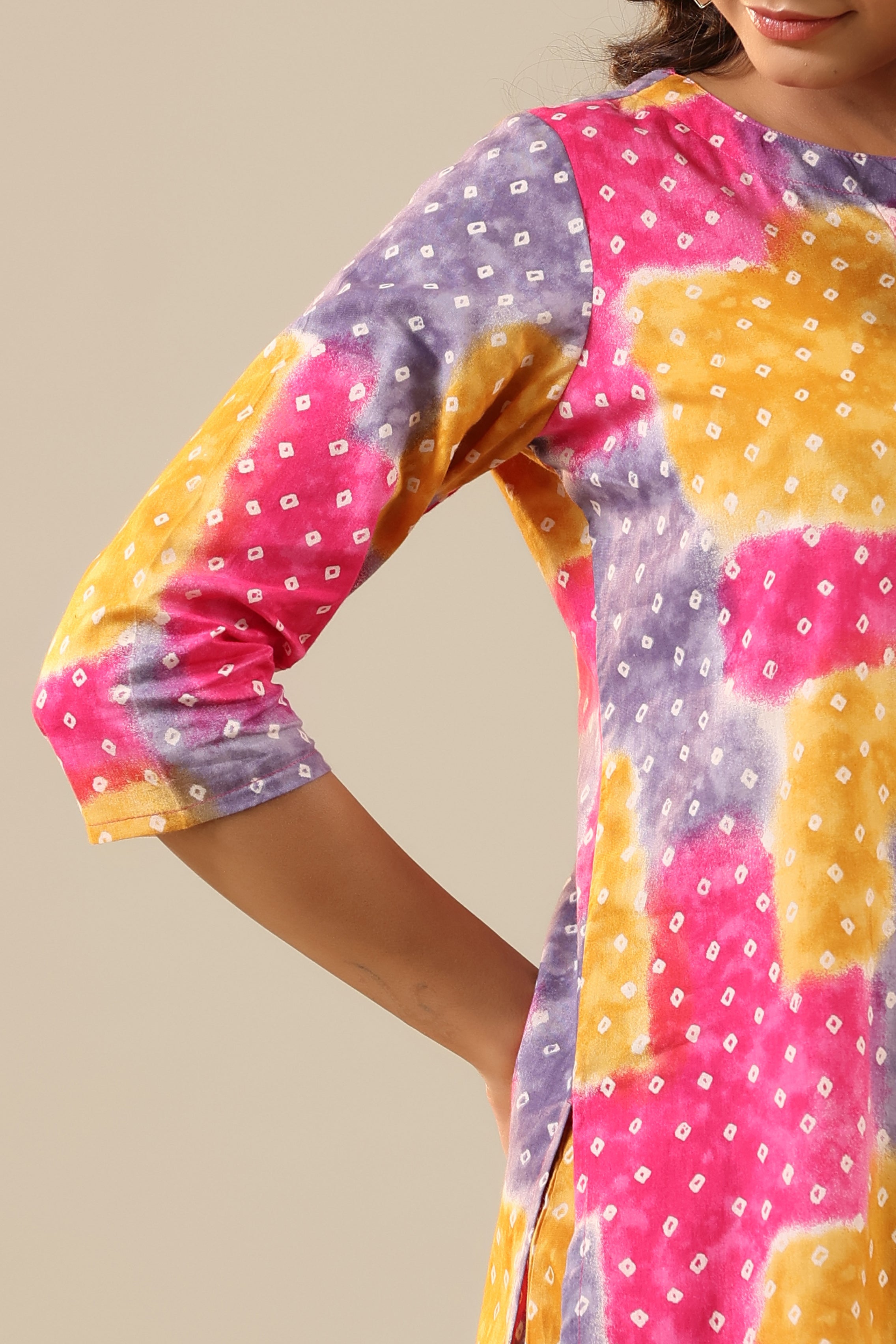 Multicoloured Bandhej on Cotton Palazzo Loungewear Set