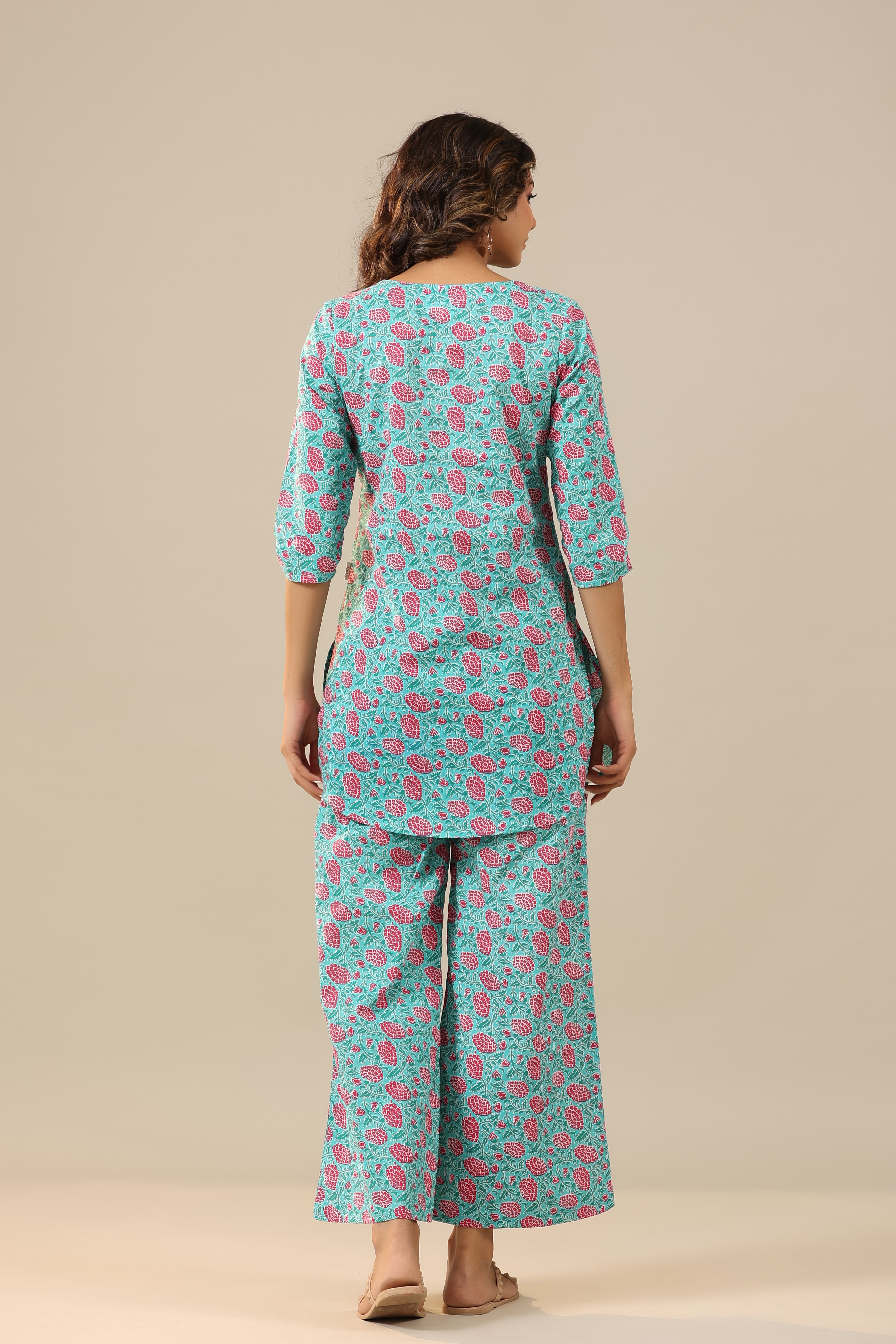 Pink Dahlia on Light Blue Cotton Palazzo Loungewear Set