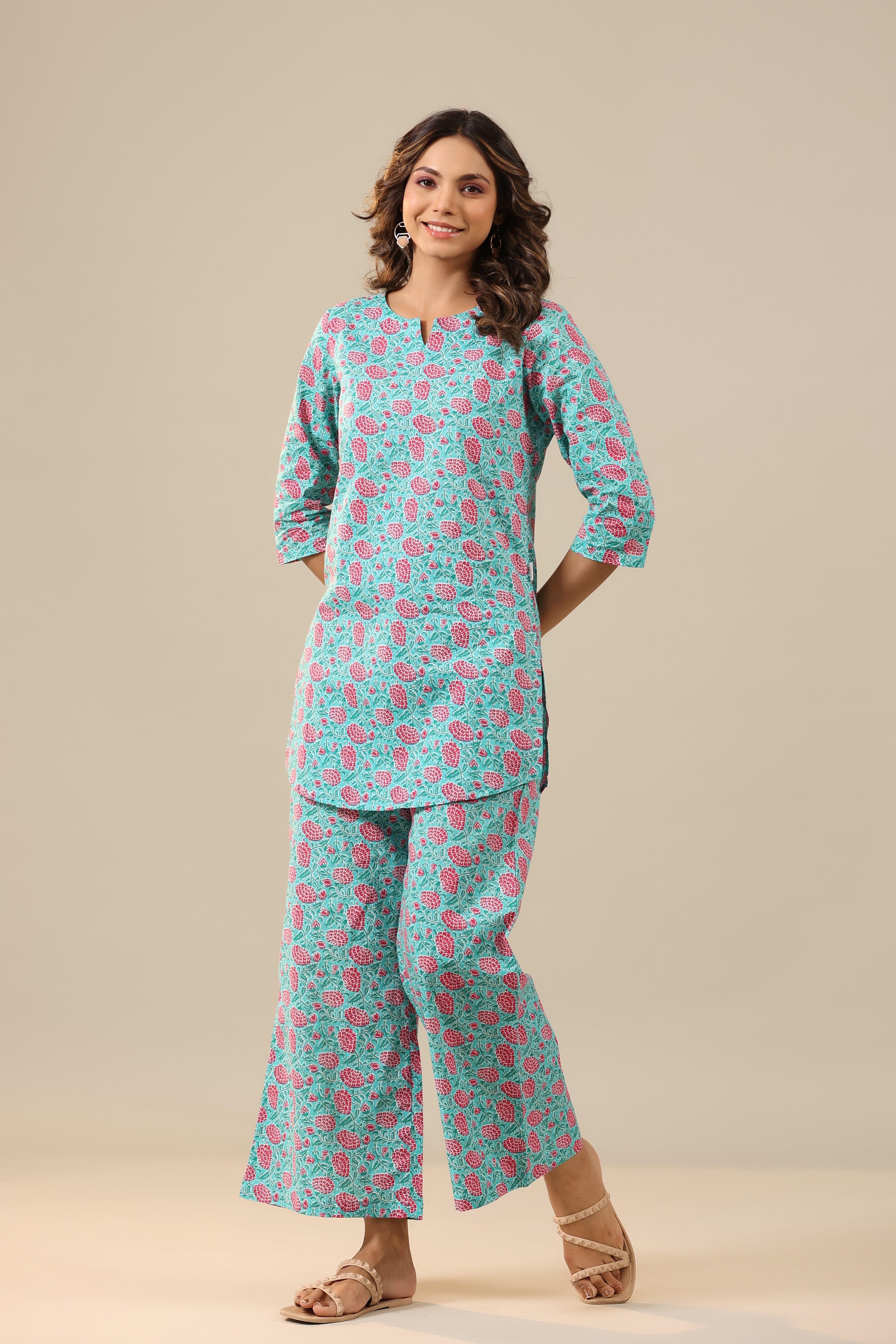 Pink Dahlia on Light Blue Cotton Palazzo Loungewear Set