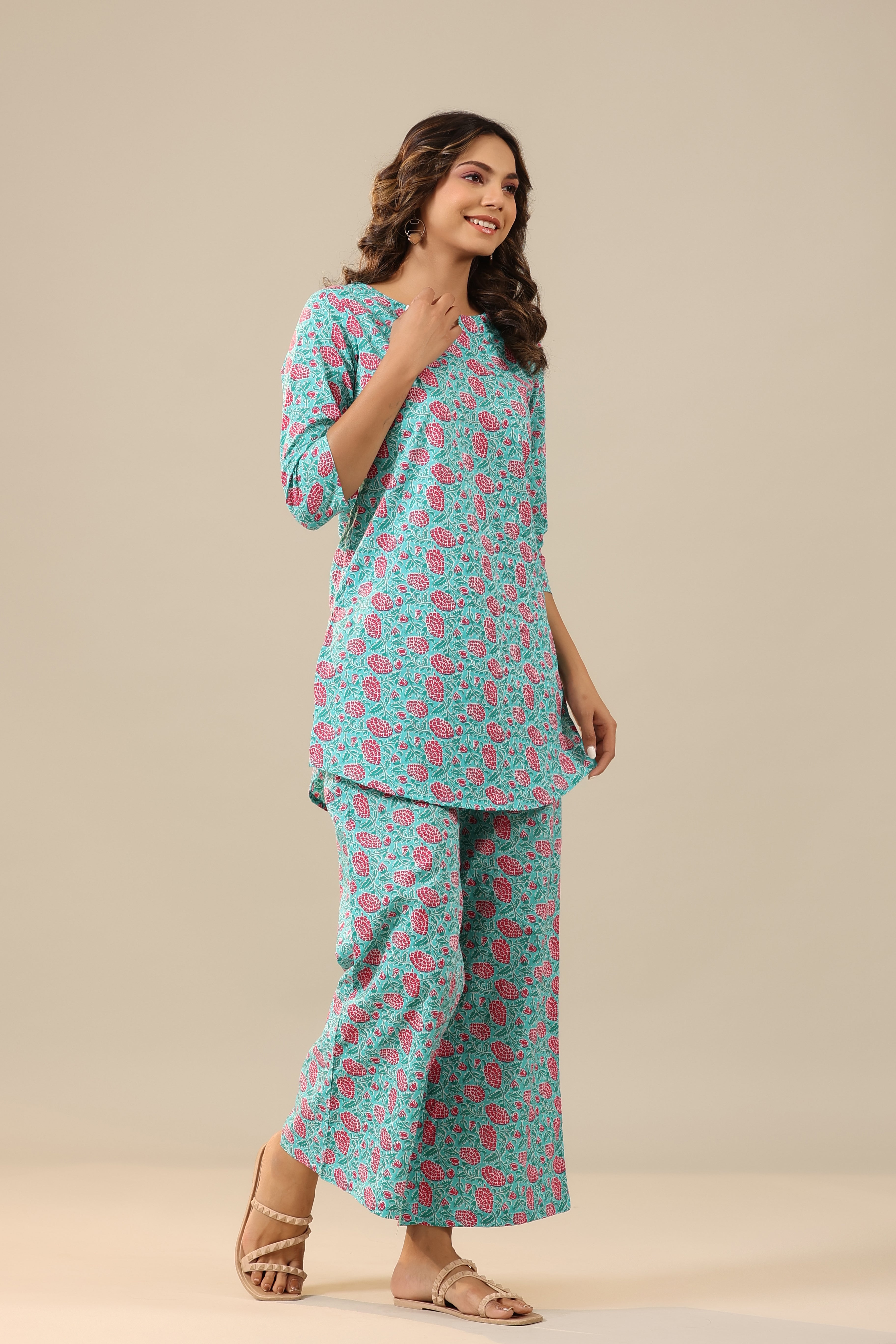 Pink Dahlia on Light Blue Cotton Palazzo Loungewear Set