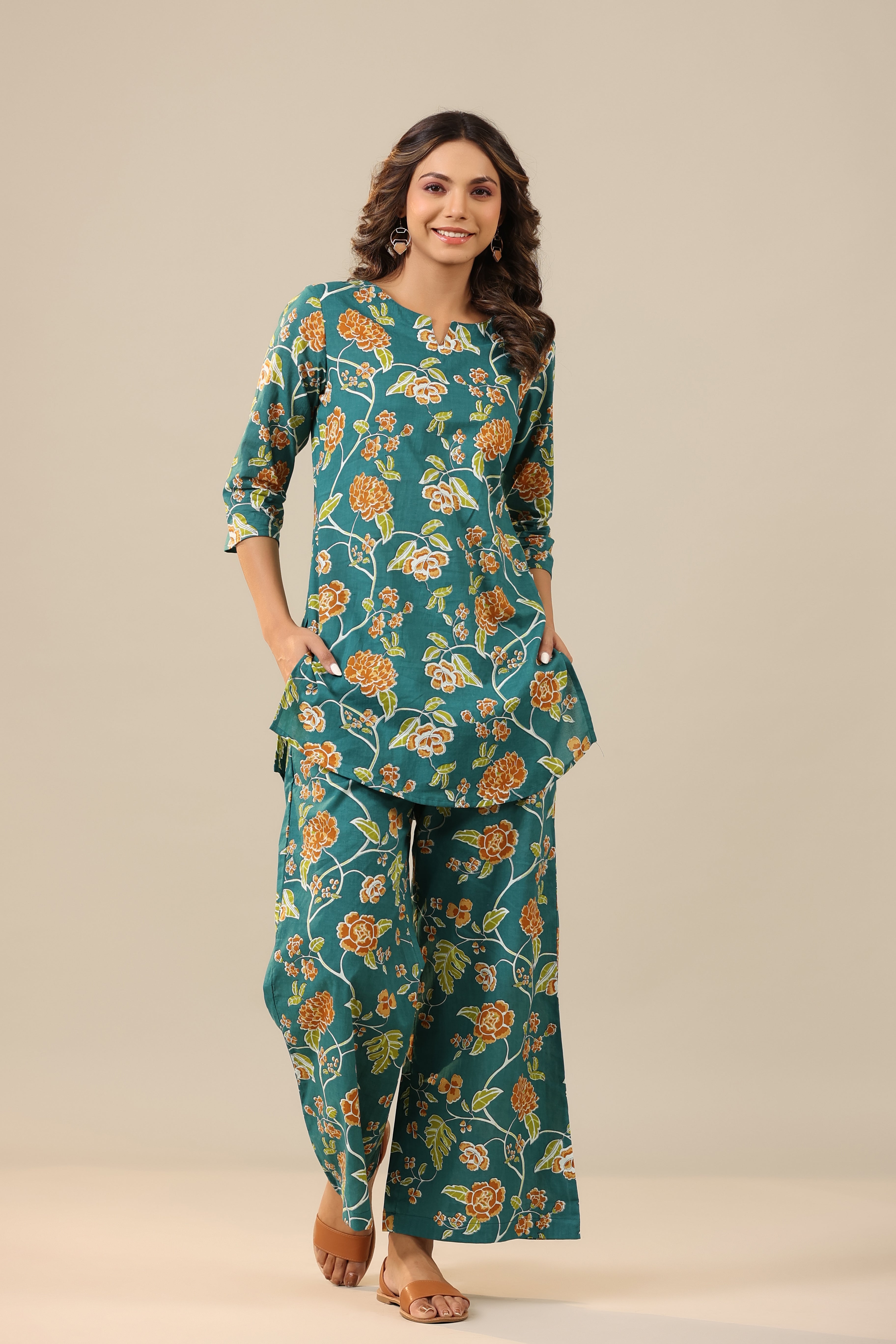 Floral Jaal on Teal Cotton Palazzo Loungewear Set