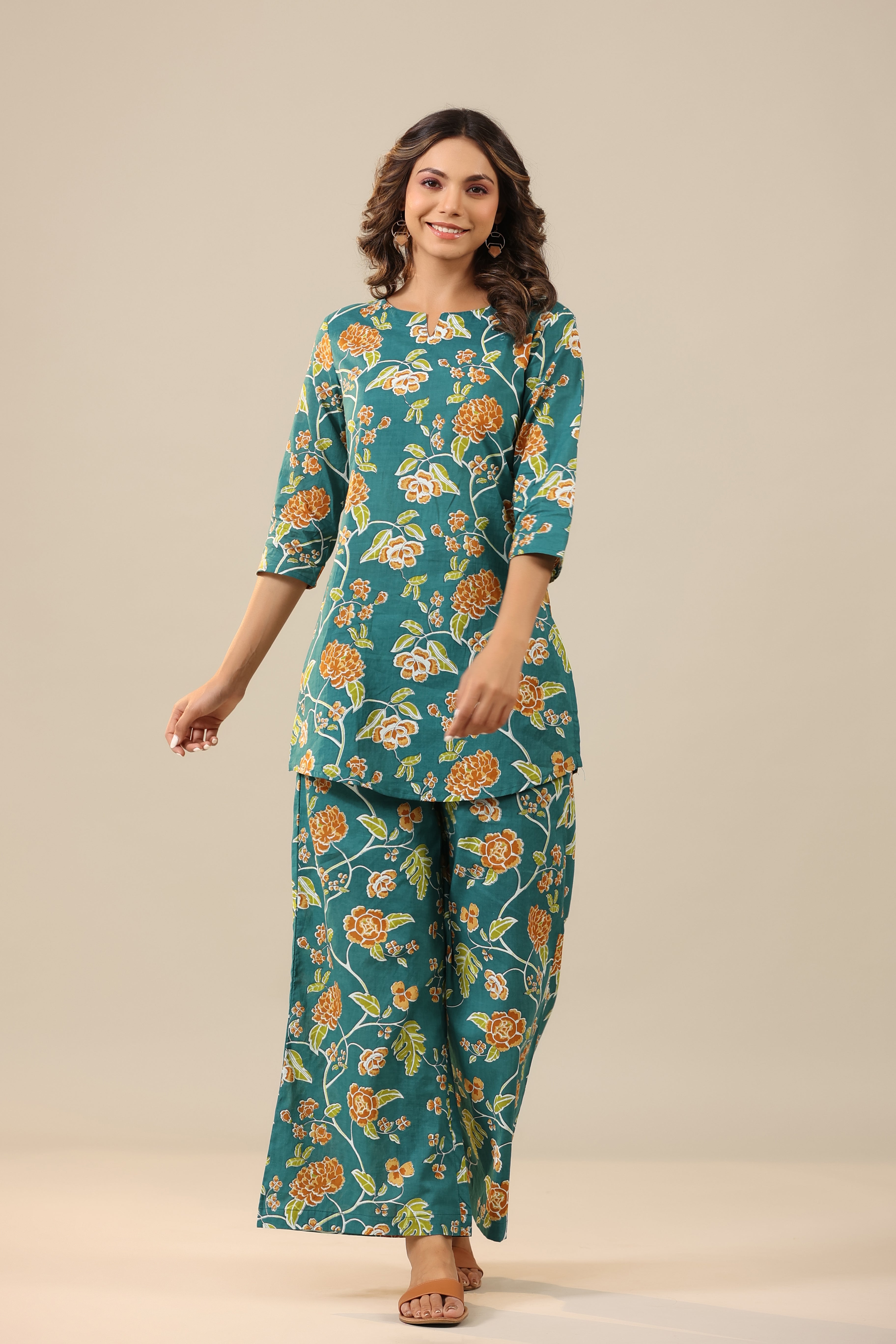 Floral Jaal on Teal Cotton Palazzo Loungewear Set