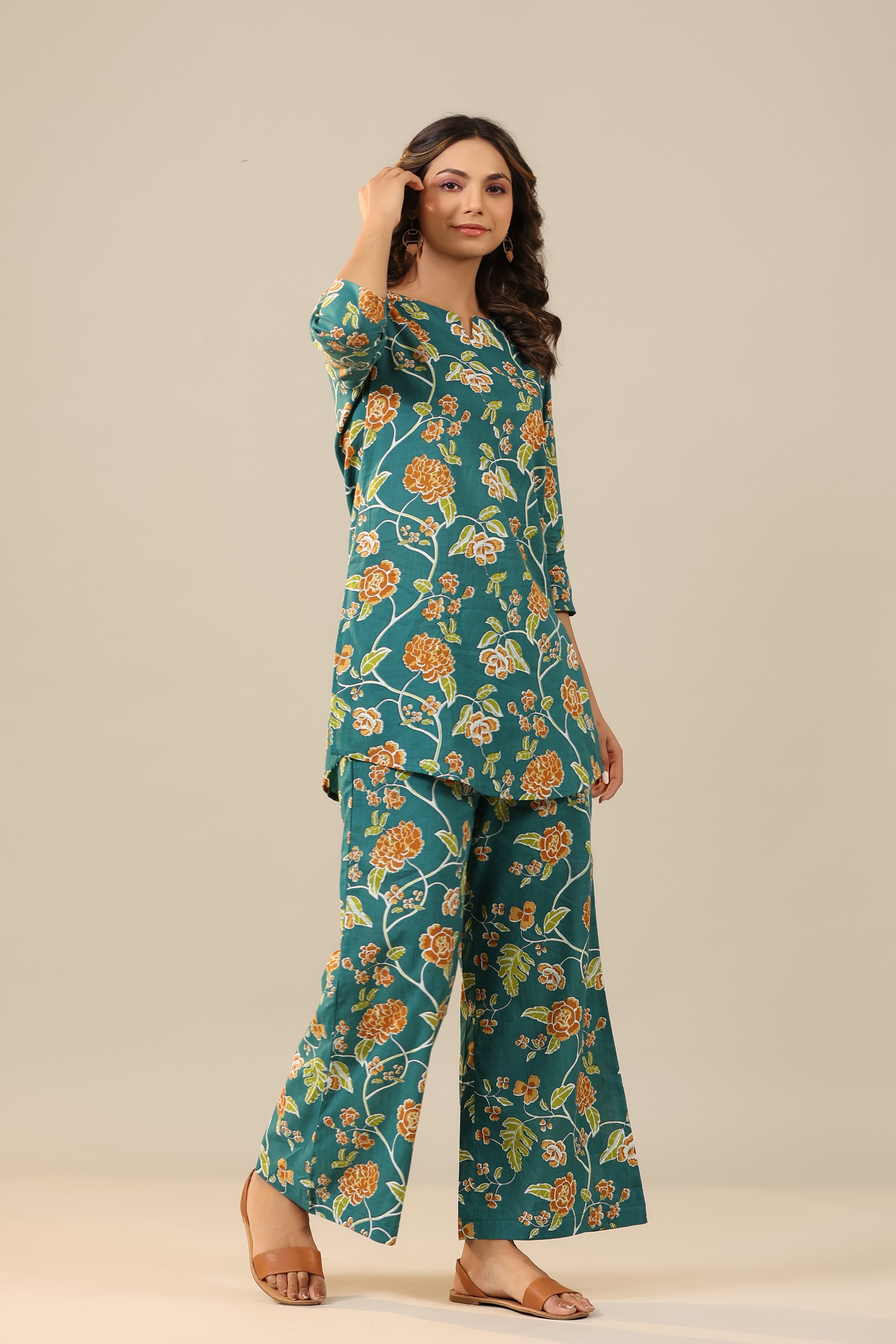 Floral Jaal on Teal Cotton Palazzo Loungewear Set