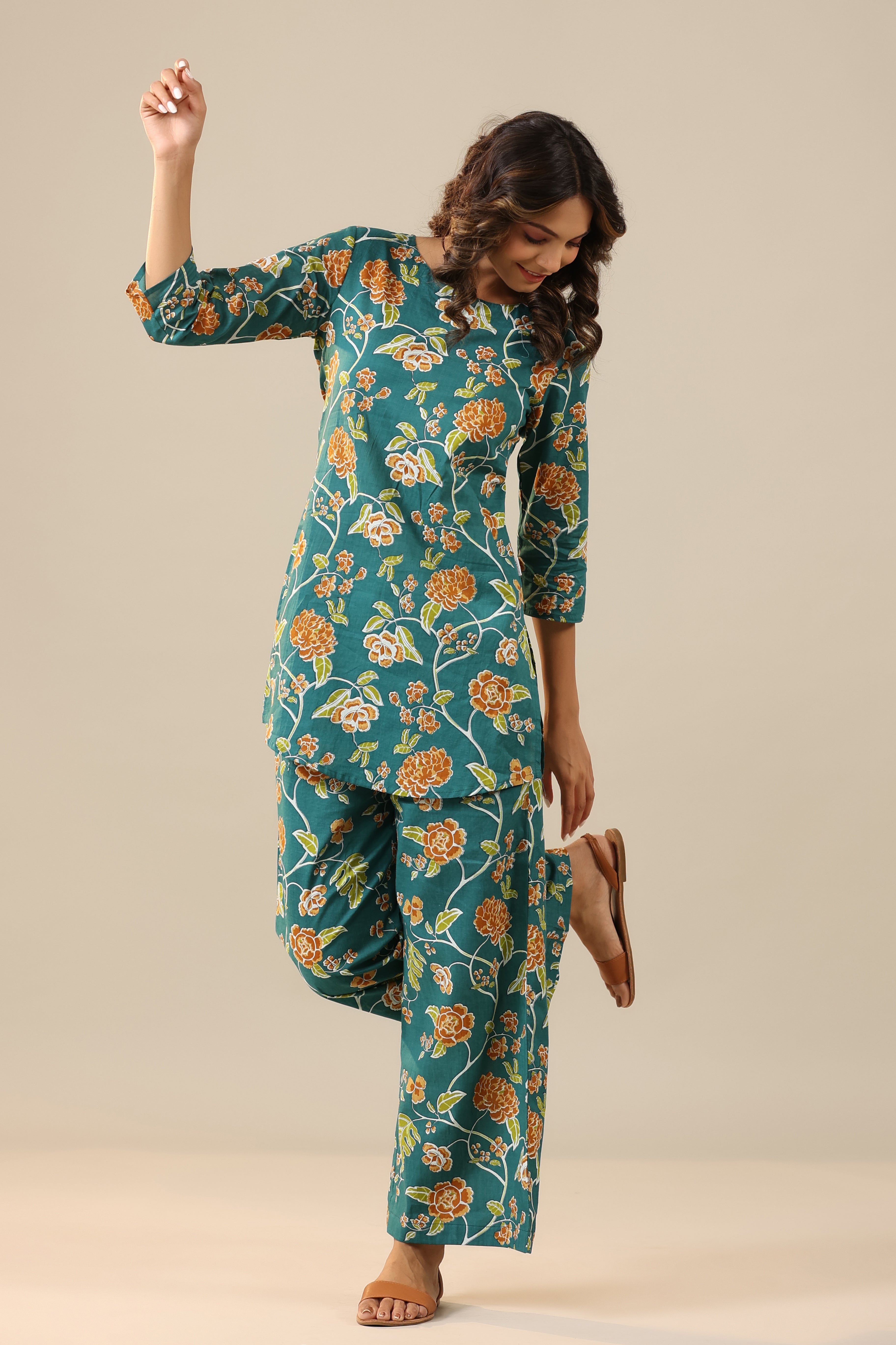 Floral Jaal on Teal Cotton Palazzo Loungewear Set