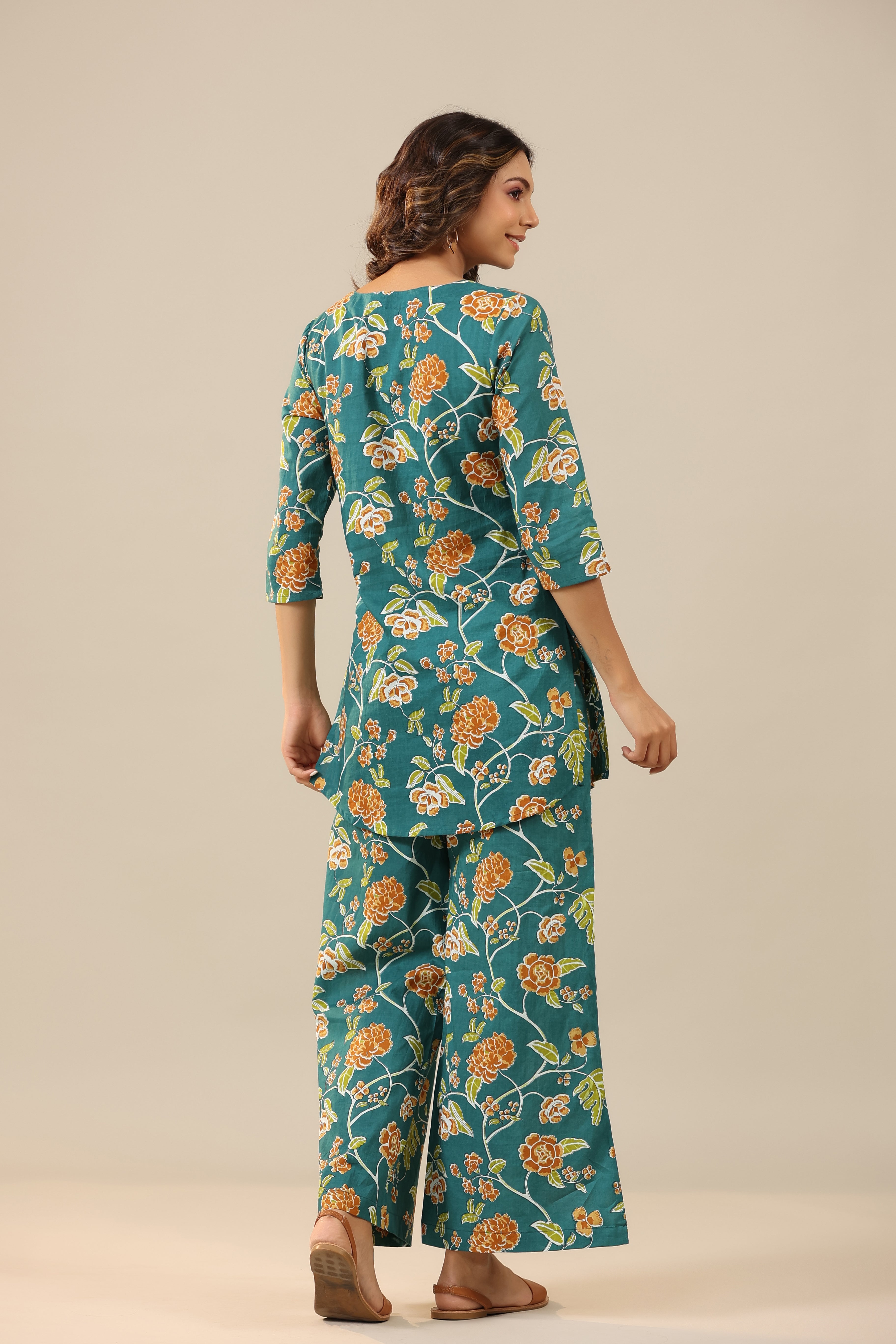 Floral Jaal on Teal Cotton Palazzo Loungewear Set
