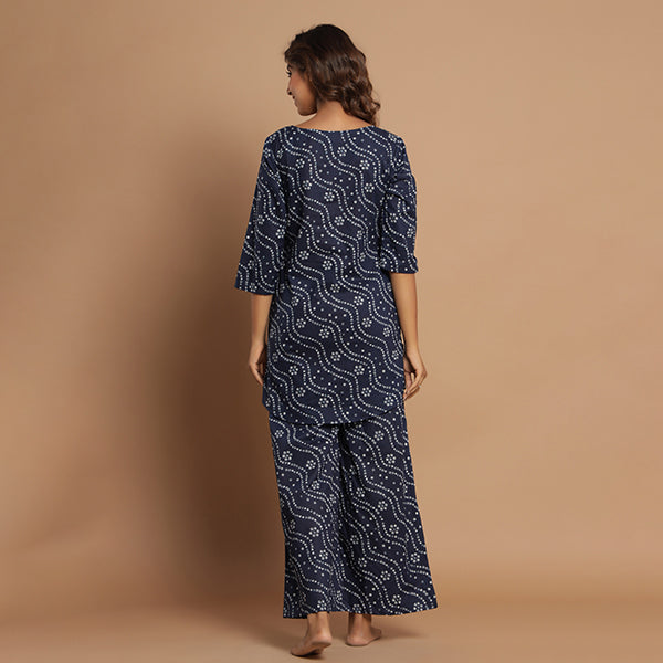 Patterned Bandhej On Blue Flowy Loungewear JISORA