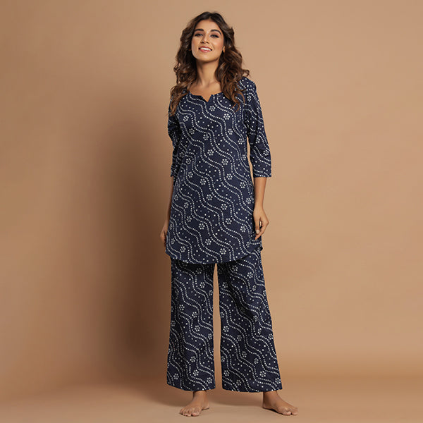 Patterned Bandhej On Blue Flowy Loungewear JISORA