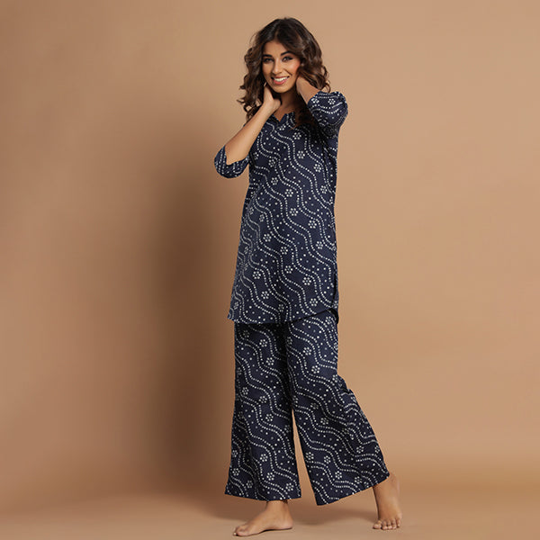 Patterned Bandhej On Blue Flowy Loungewear JISORA
