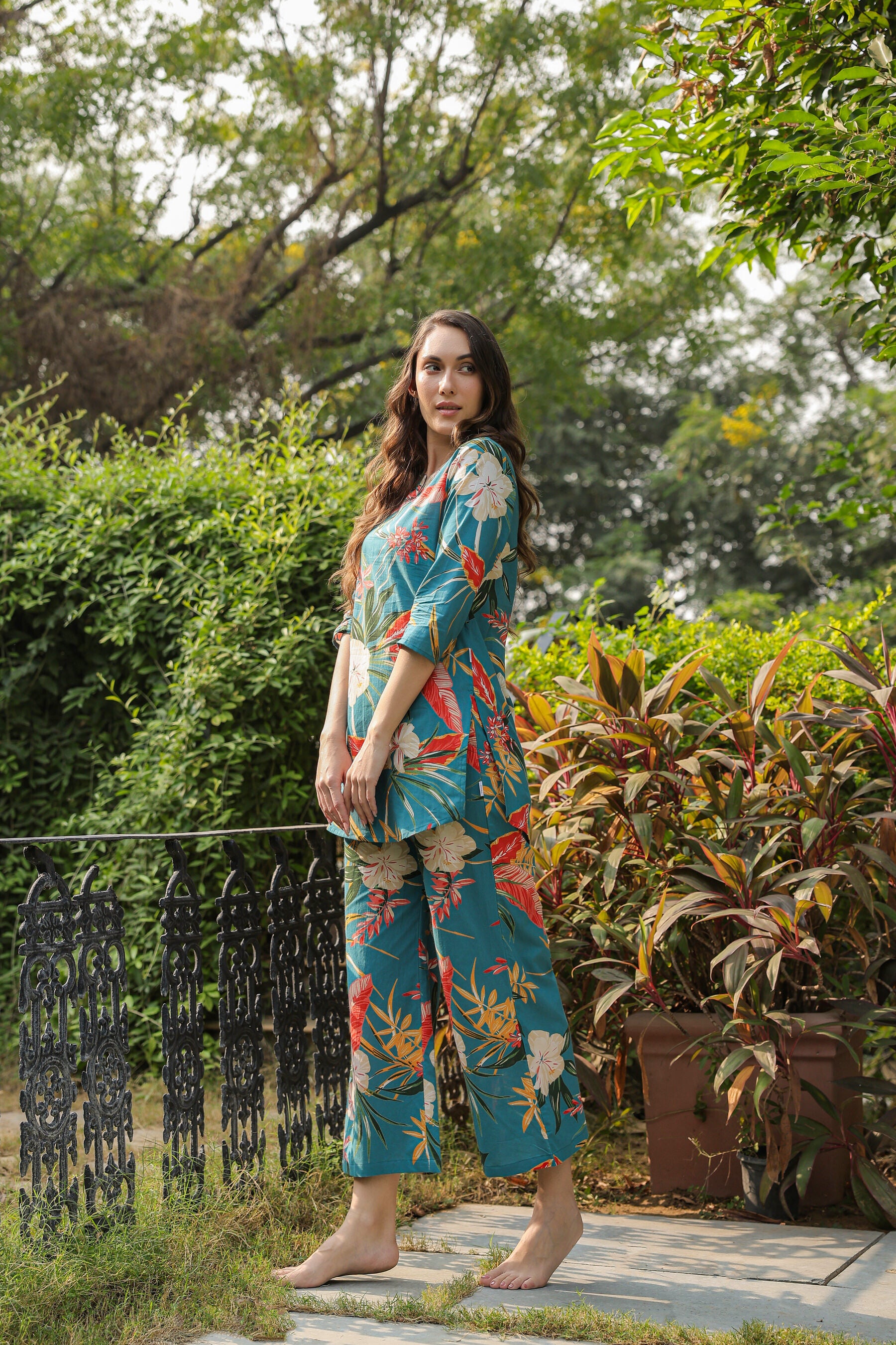 Teal Tranquility on Cotton Palazzo Loungewear Set