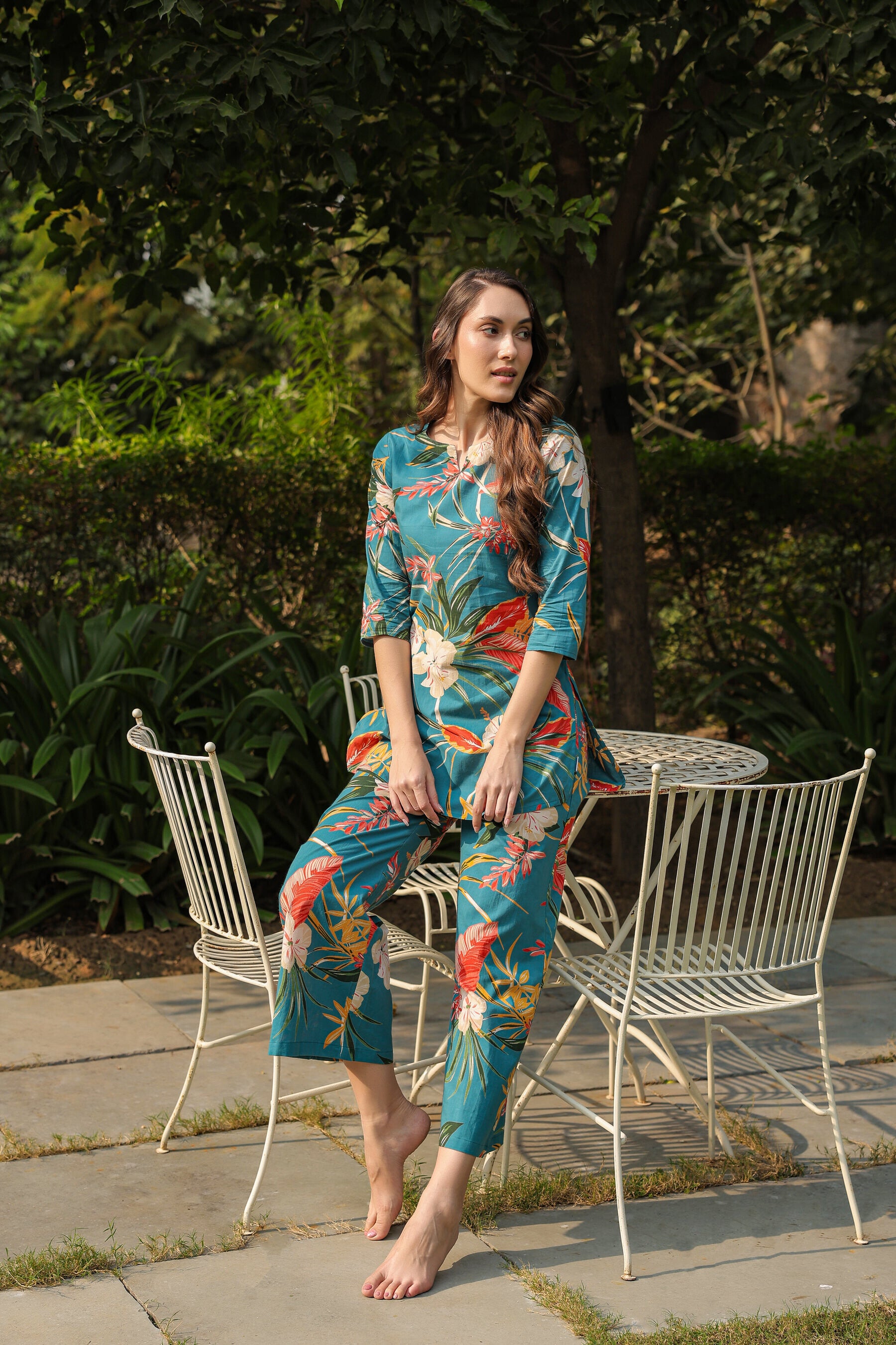 Teal Tranquility on Cotton Palazzo Loungewear Set