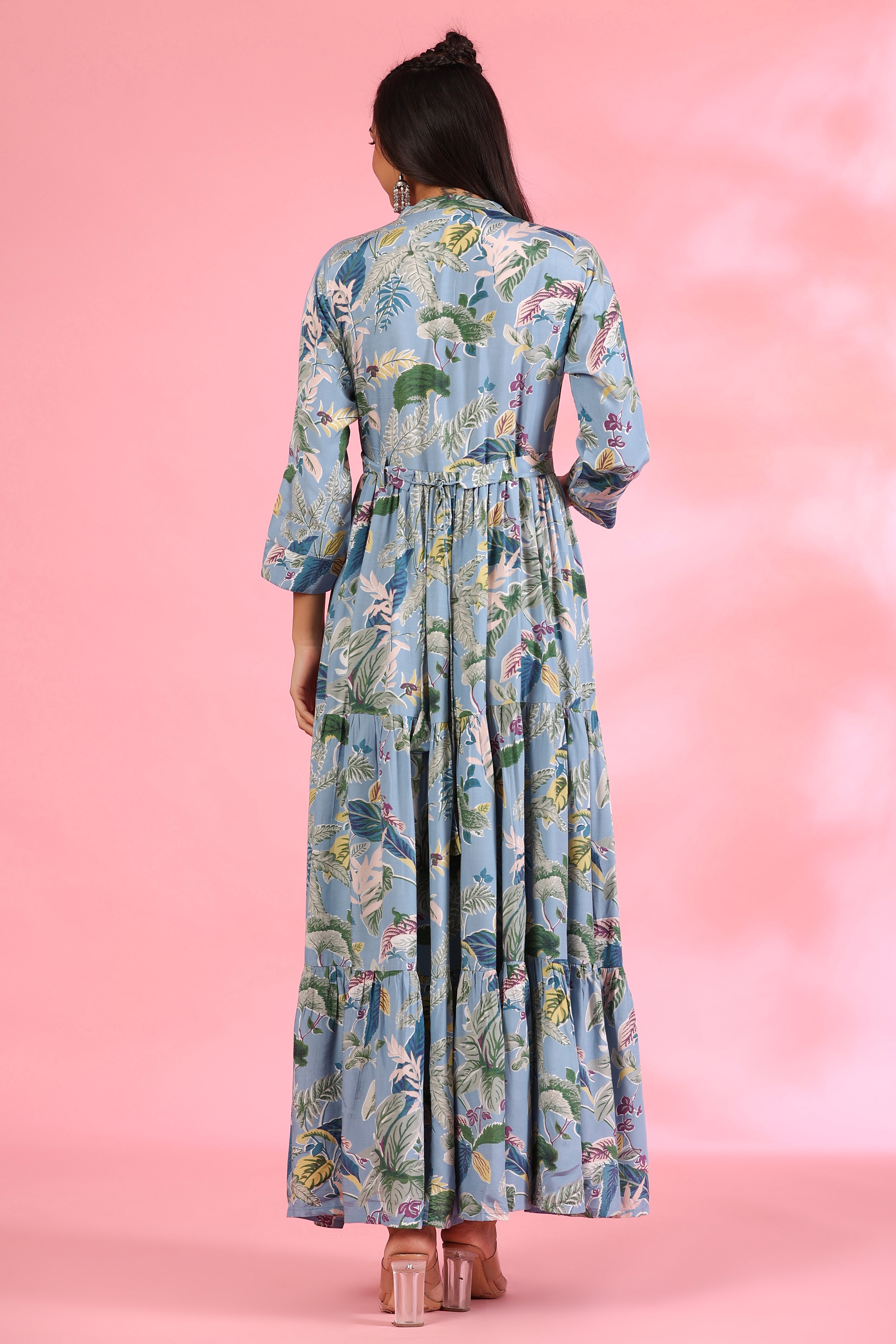 Light Blue Amber On Silk Maxi Dress