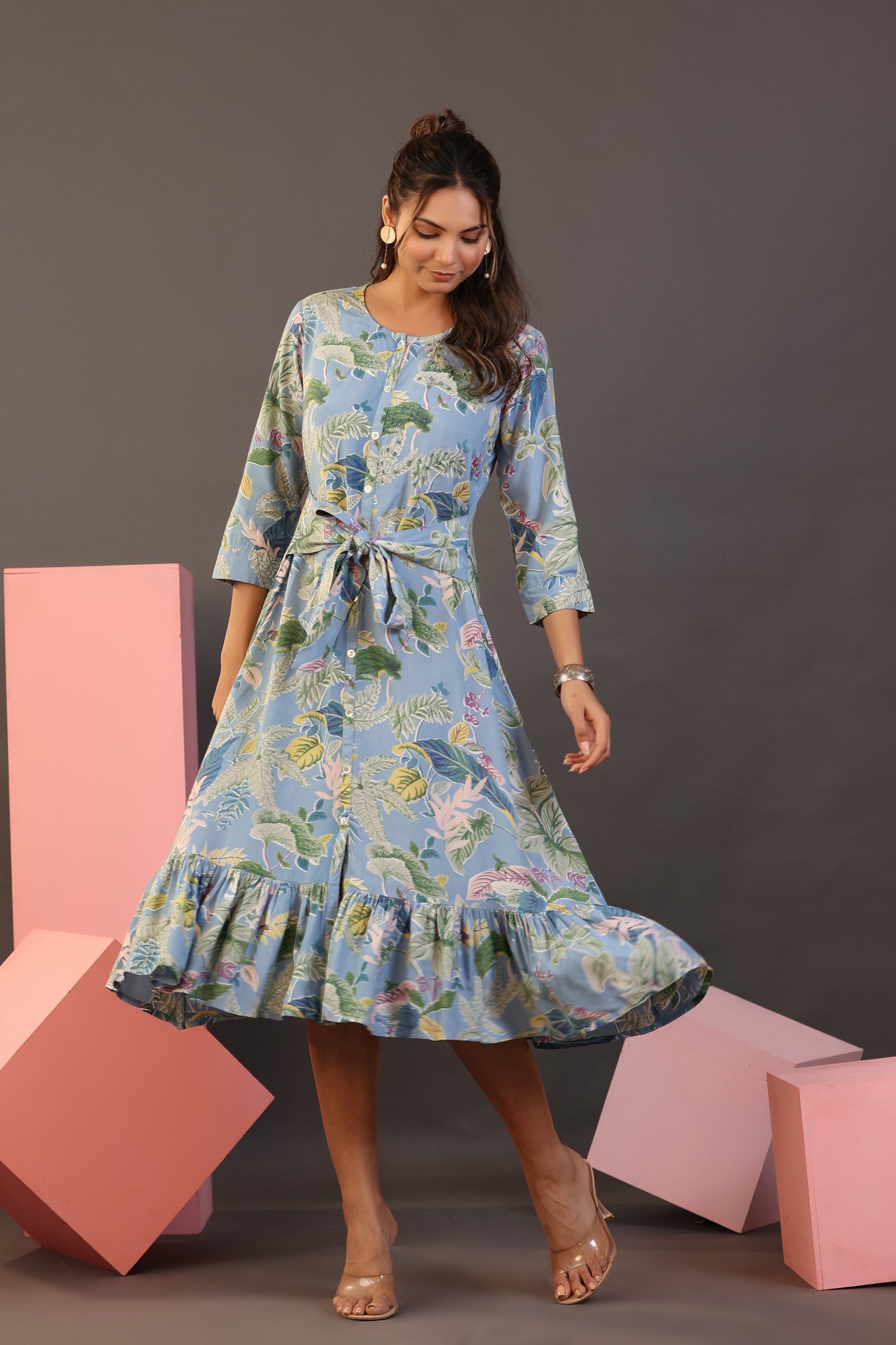 Palm Leaves on Light Blue MIDI Cotton Dress