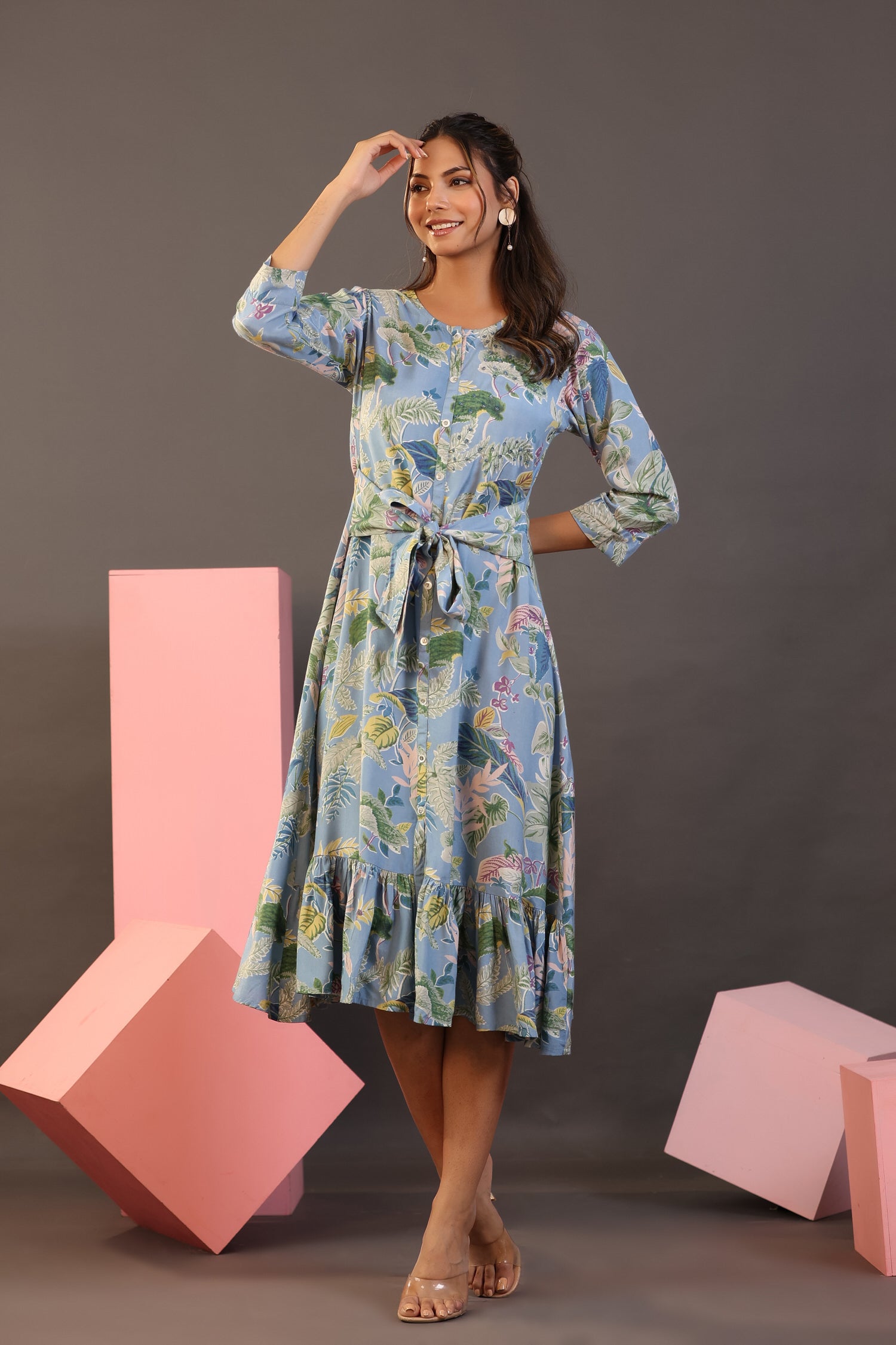 Palm Leaves on Light Blue MIDI Cotton Dress