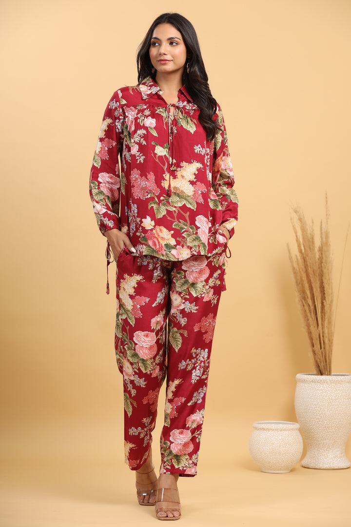 Red Floral Russian Silk Co-ord Set