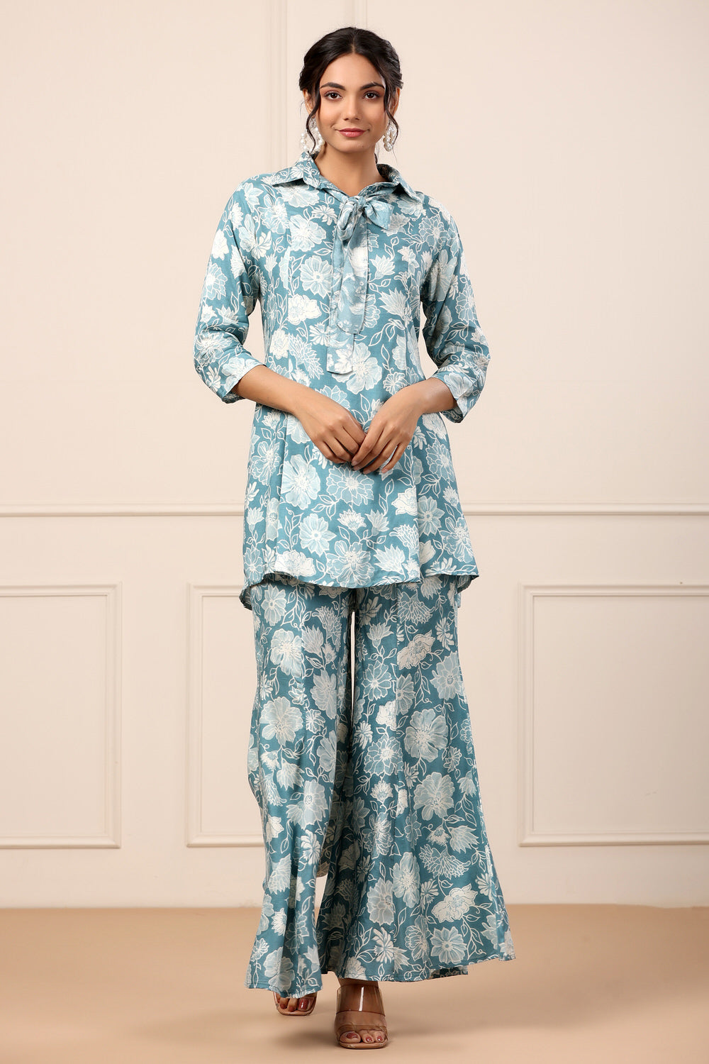 Floral Blue Muslin Silk Co-ord set