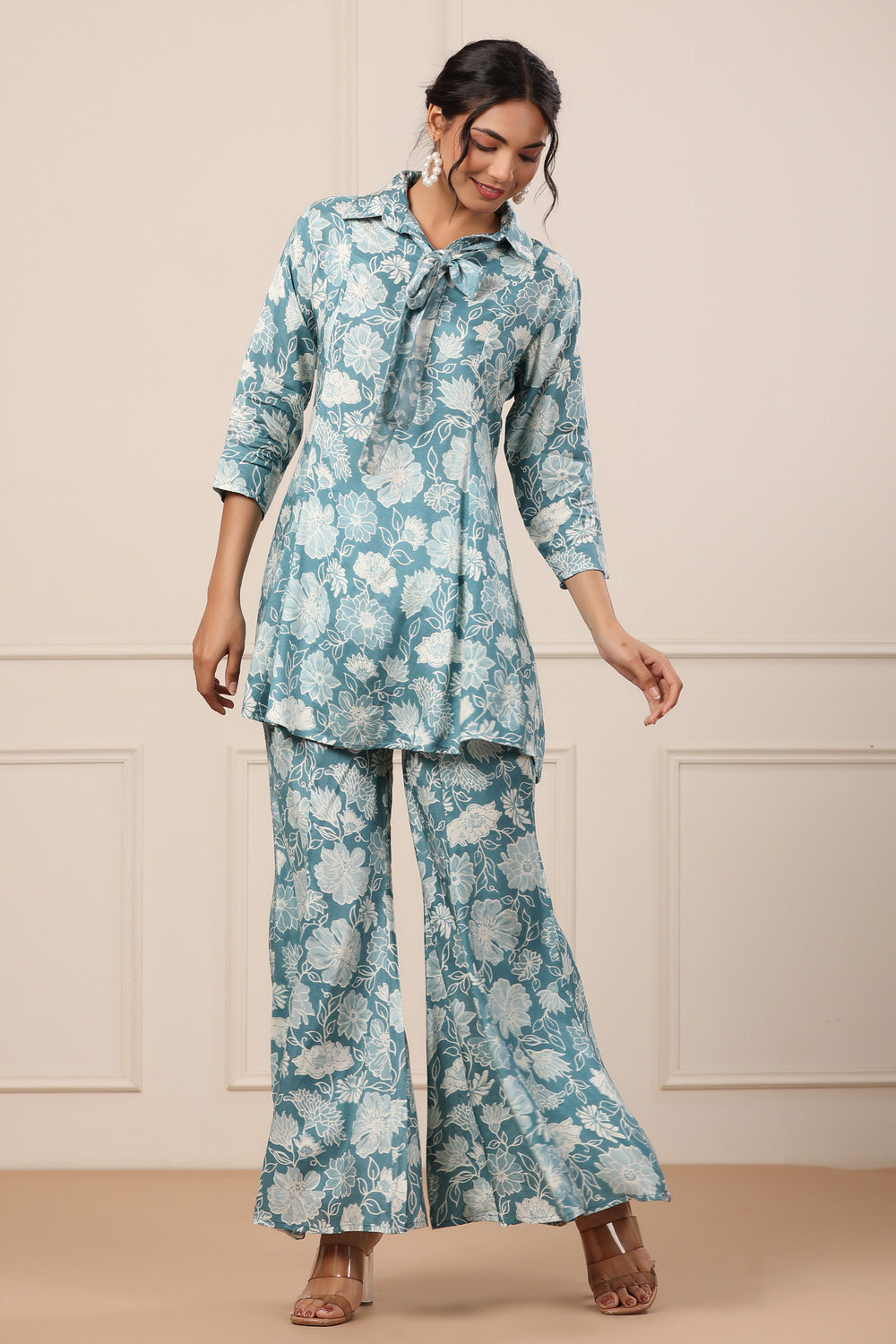 Floral Blue Muslin Silk Co-ord set