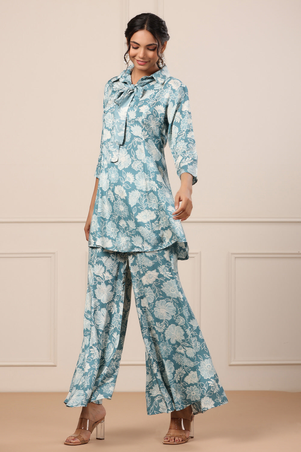 Floral Blue Muslin Silk Co-ord set