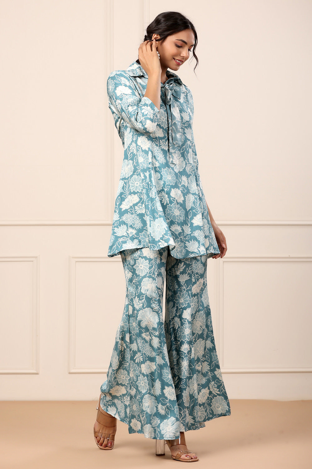 Floral Blue Muslin Silk Co-ord set