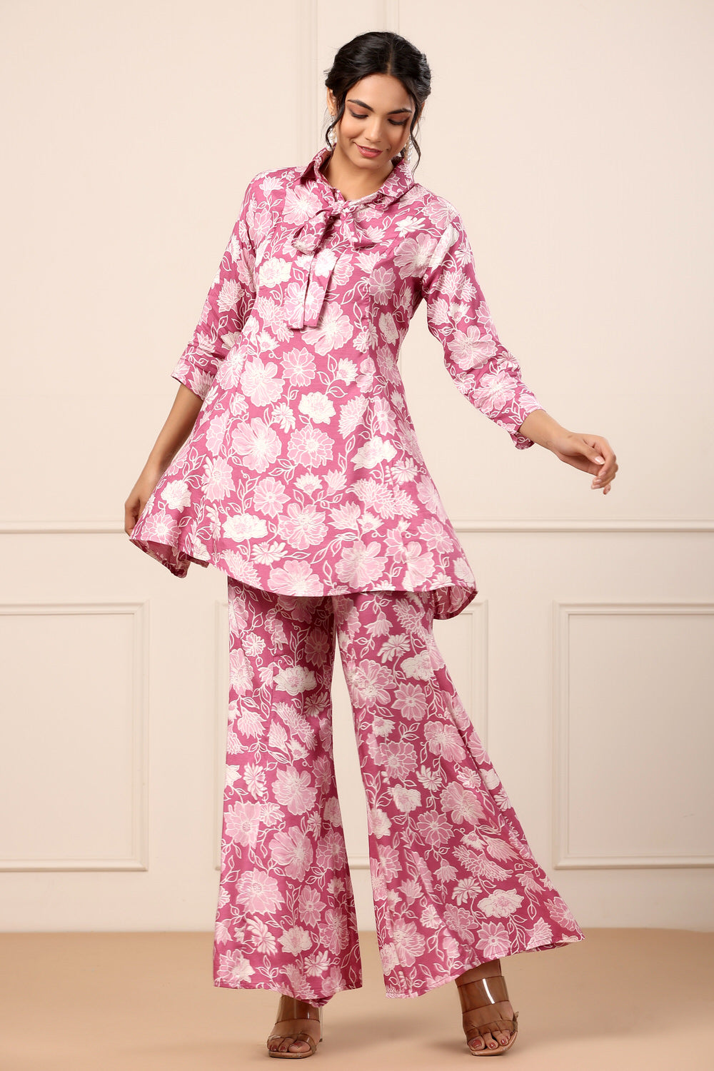 Floral Pink Muslin Silk Co-ord set