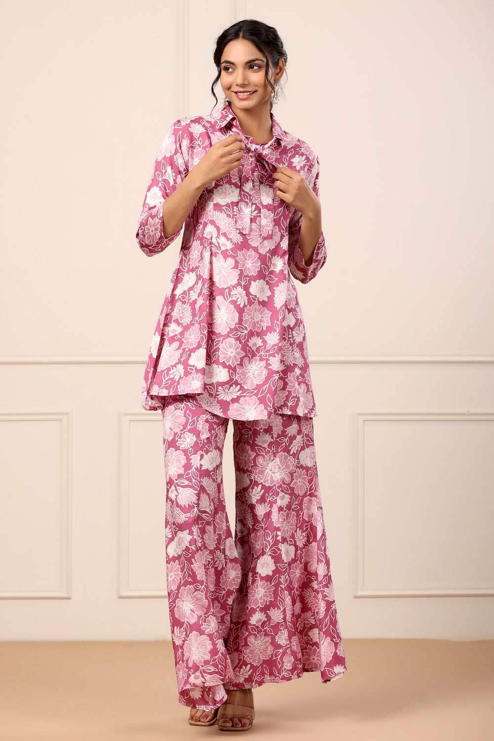 Floral Pink Muslin Silk Co-ord set