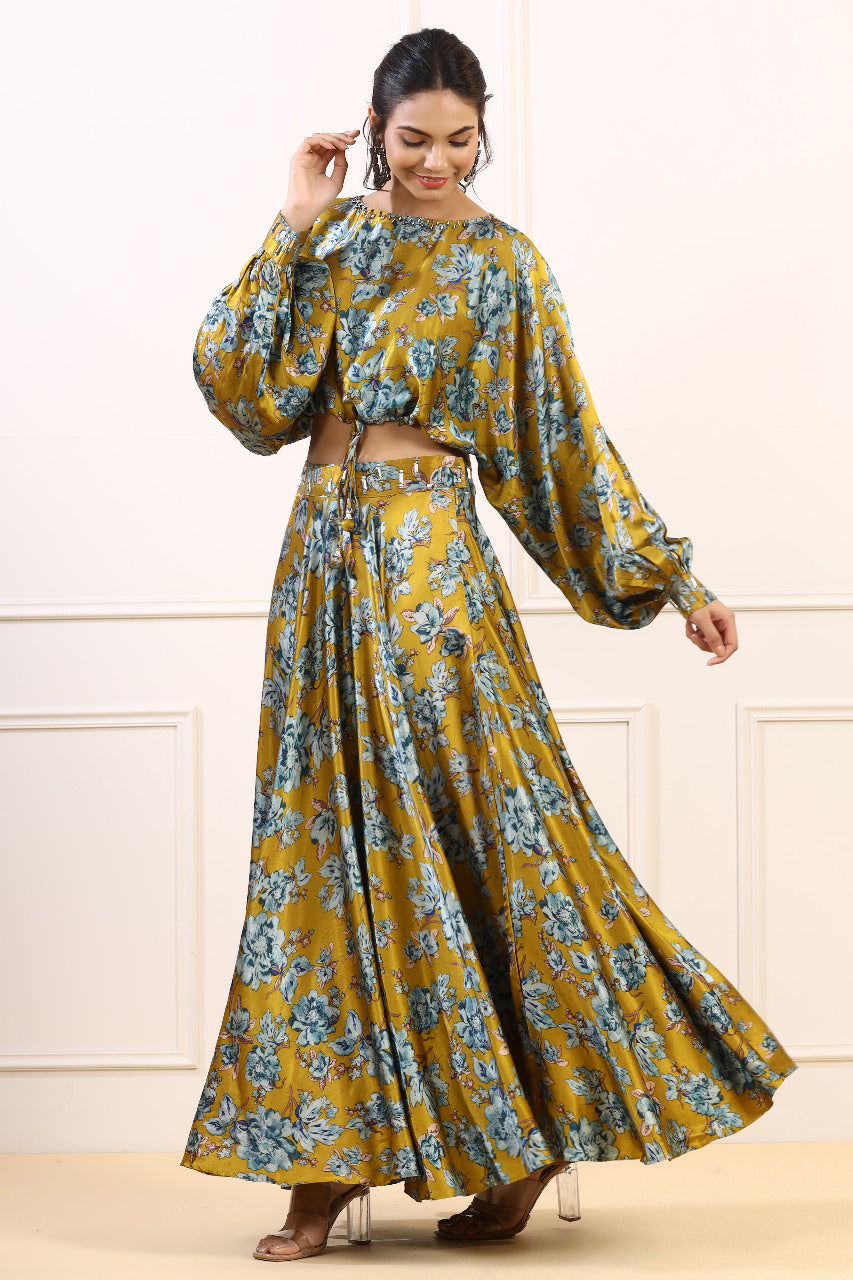 Golden Spice Blooms Satin Russian Silk Co-ord Set