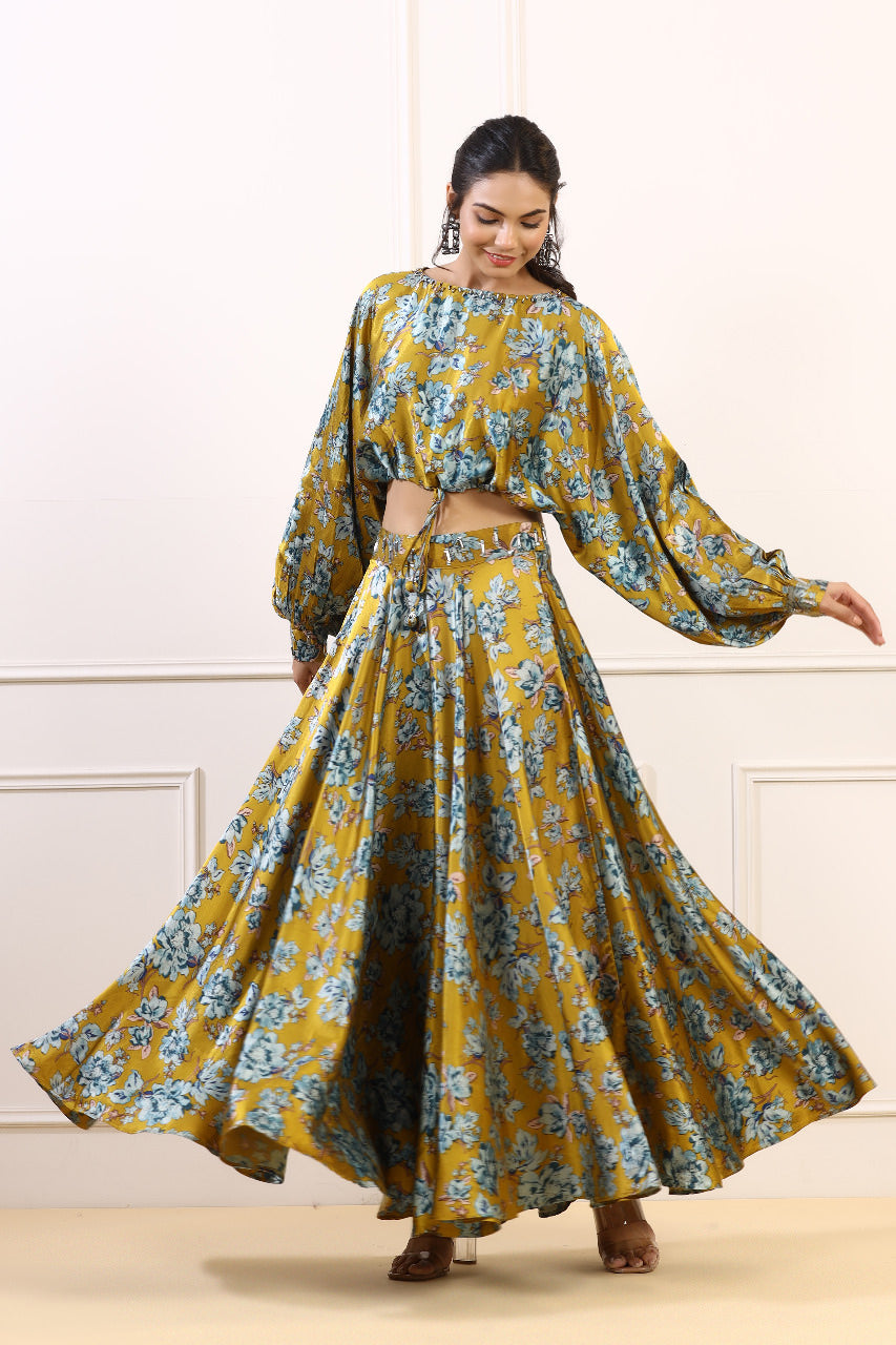 Golden Spice Blooms Satin Russian Silk Co-ord Set
