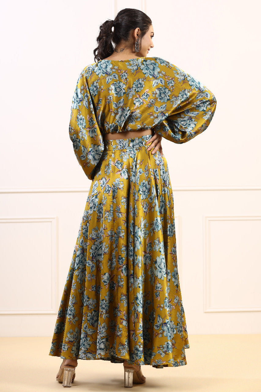 Golden Spice Blooms Satin Russian Silk Co-ord Set