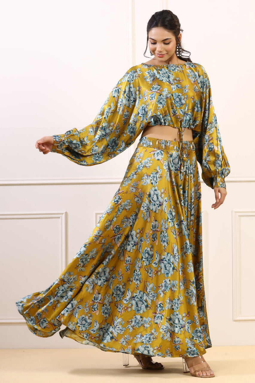 Golden Spice Blooms Satin Russian Silk Co-ord Set