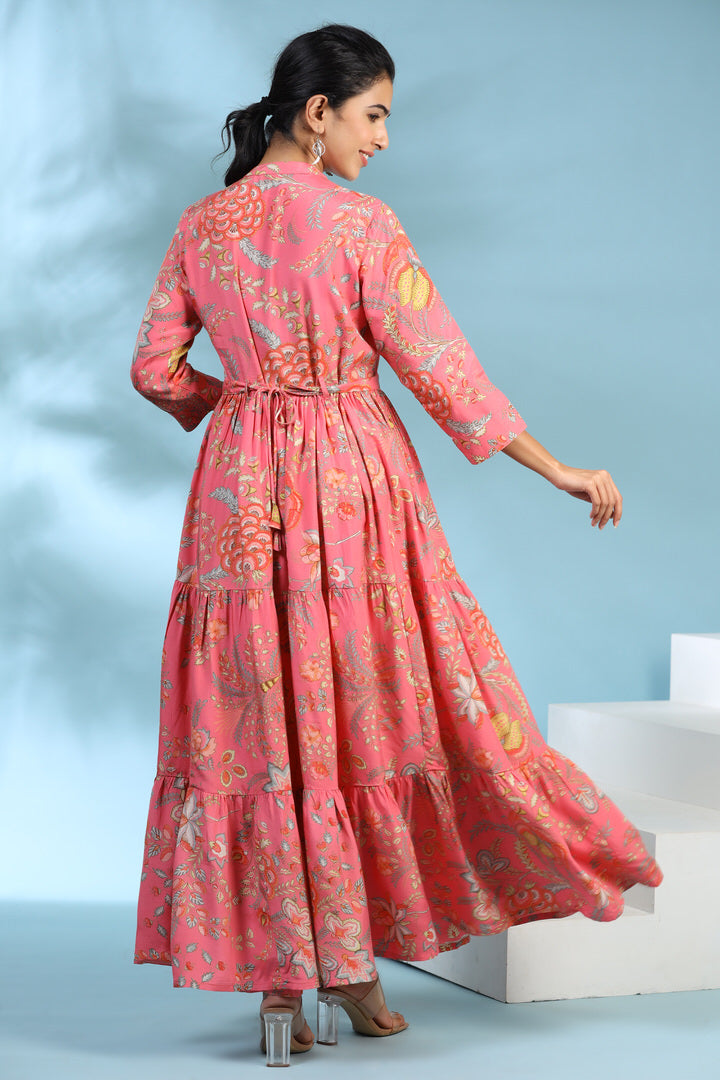 Vintage Bloom on Pink Silk Maxi Dress