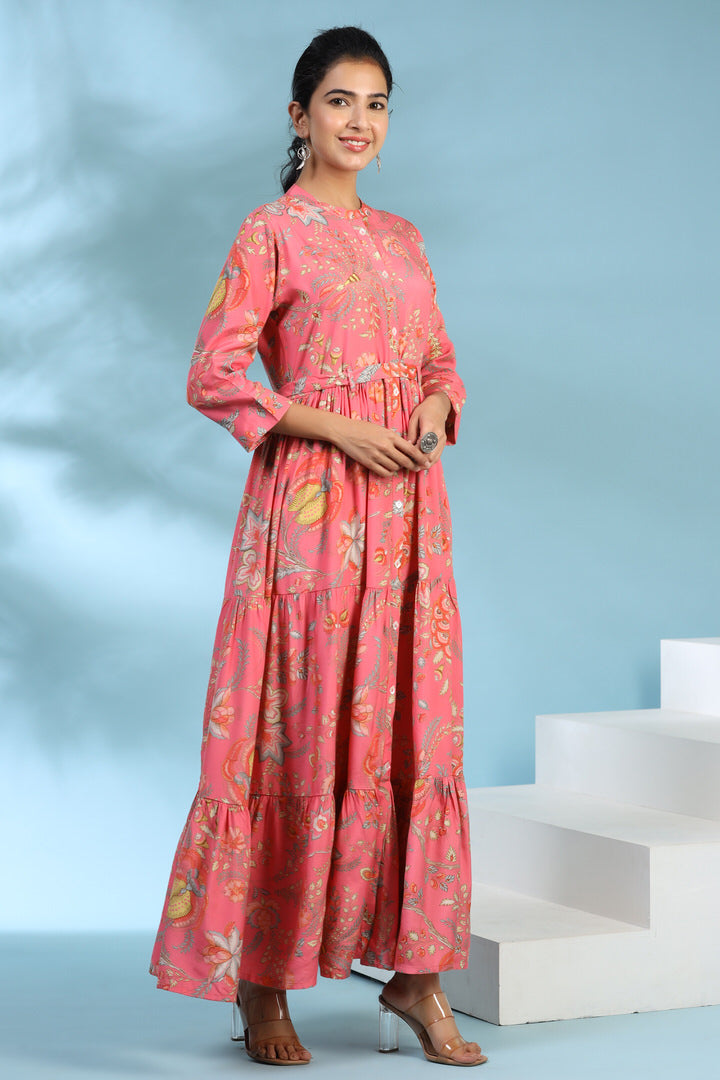 Vintage Bloom on Pink Silk Maxi Dress