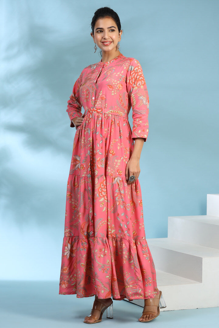 Vintage Bloom on Pink Silk Maxi Dress