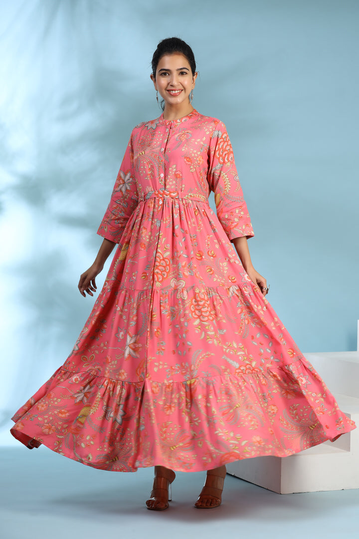 Vintage Bloom on Pink Silk Maxi Dress