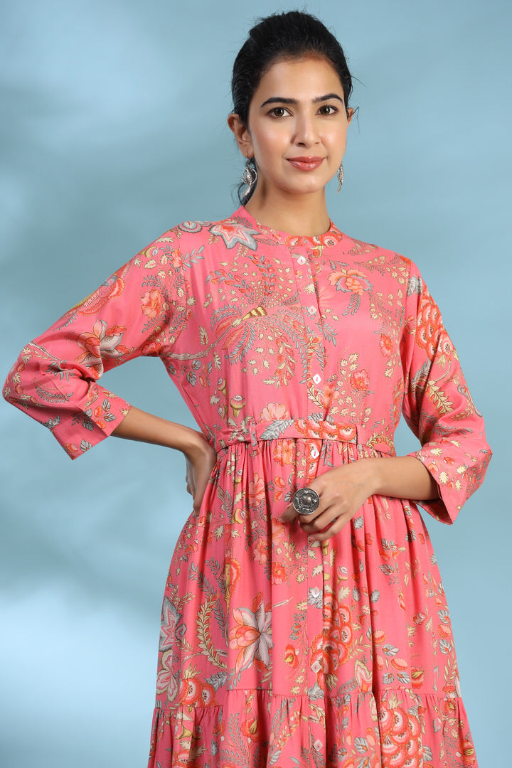 Vintage Bloom on Pink Silk Maxi Dress
