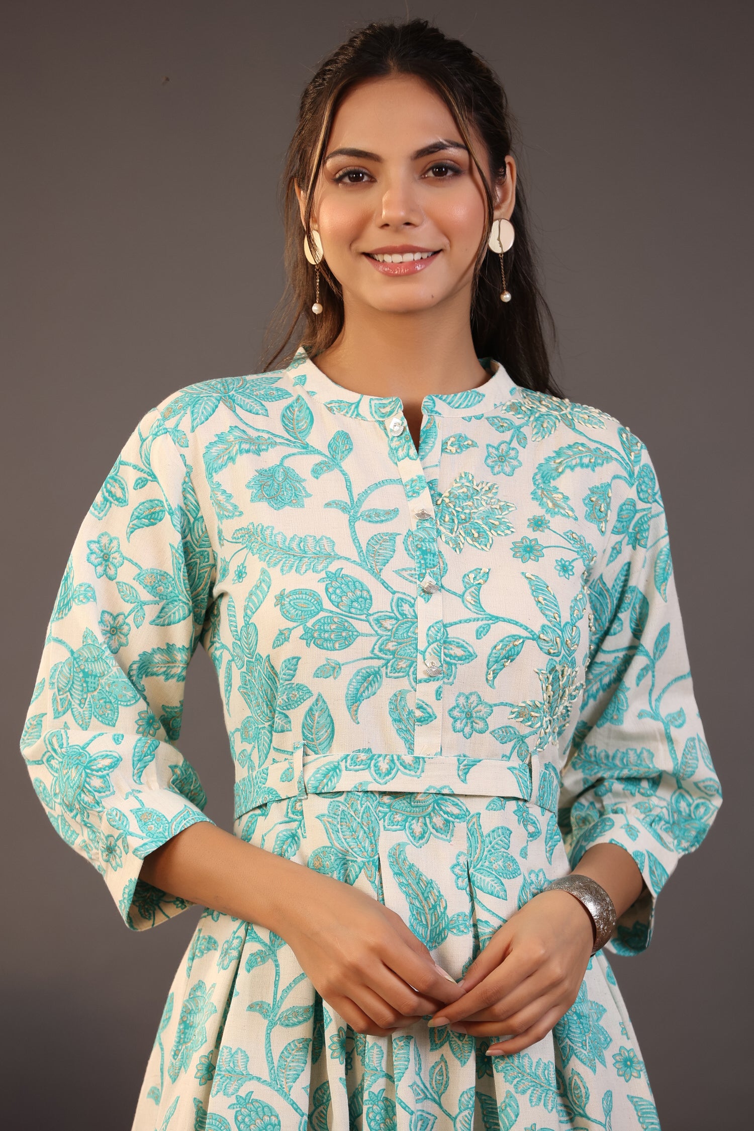 Turquoise Floral on White Midi Cotton Flex Dress