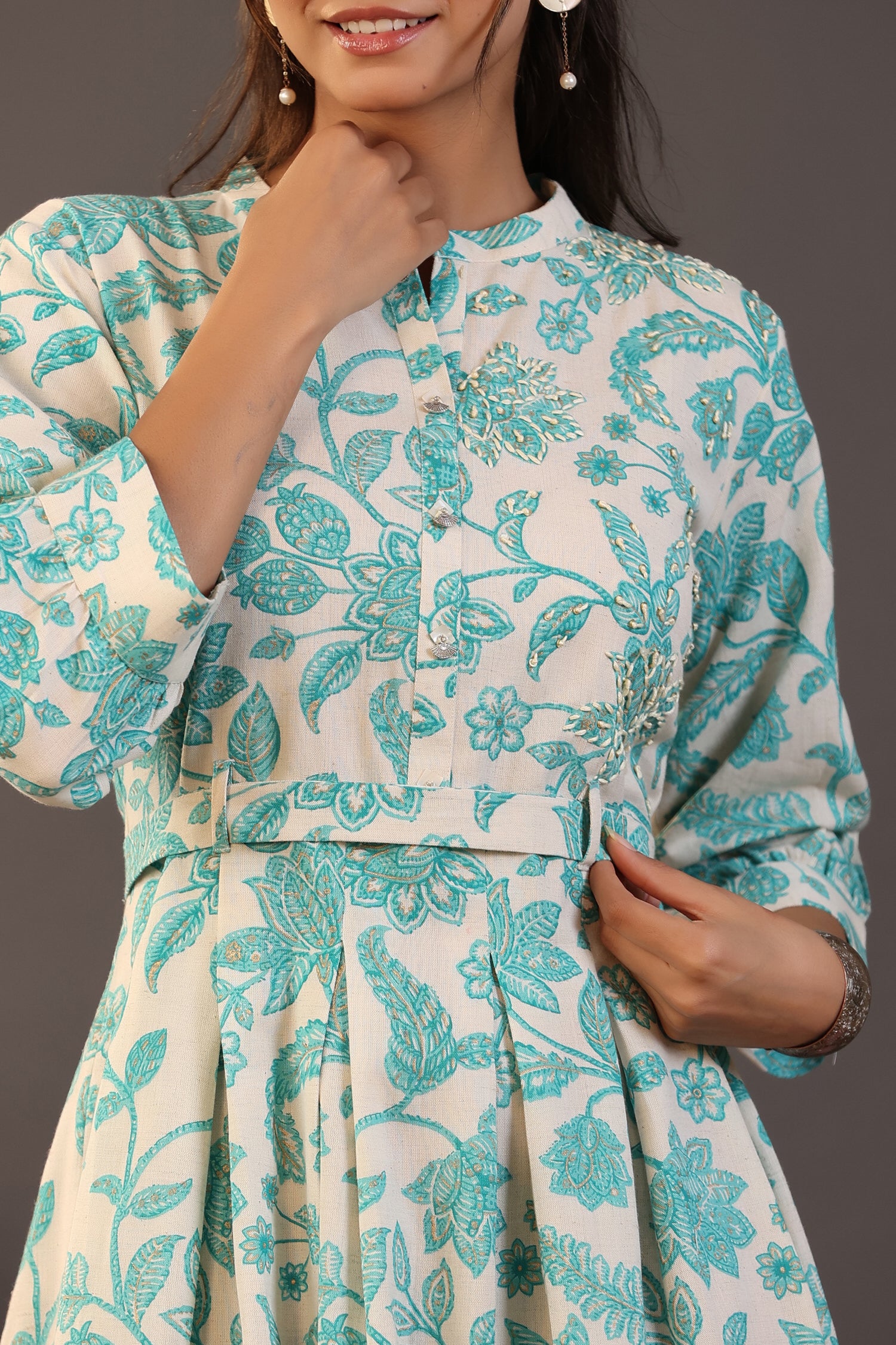 Turquoise Floral on White Midi Cotton Flex Dress